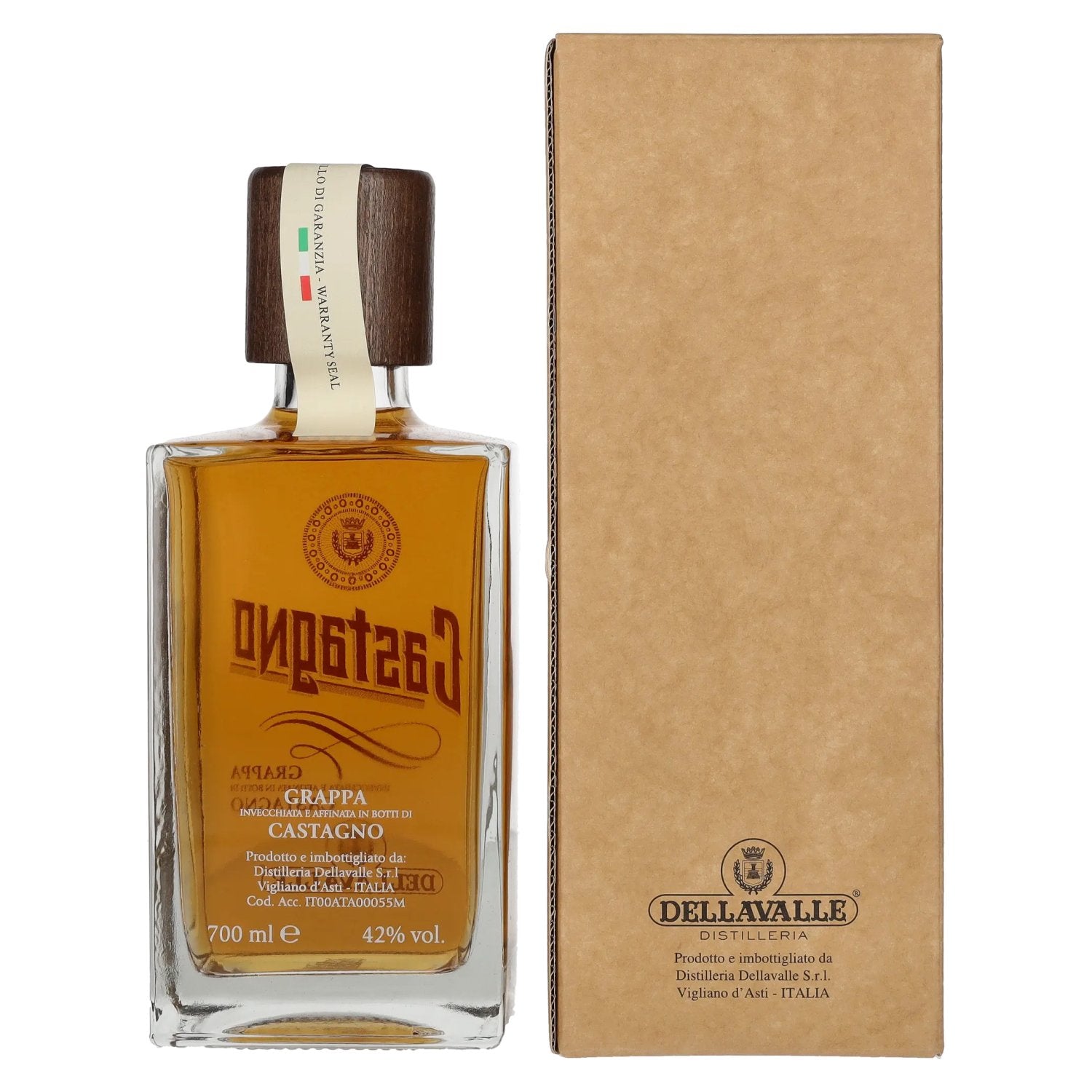 Dellavalle Grappa Affinata in botti di CASTAGNO 42% Vol. 0,7l in geschenkverpakking