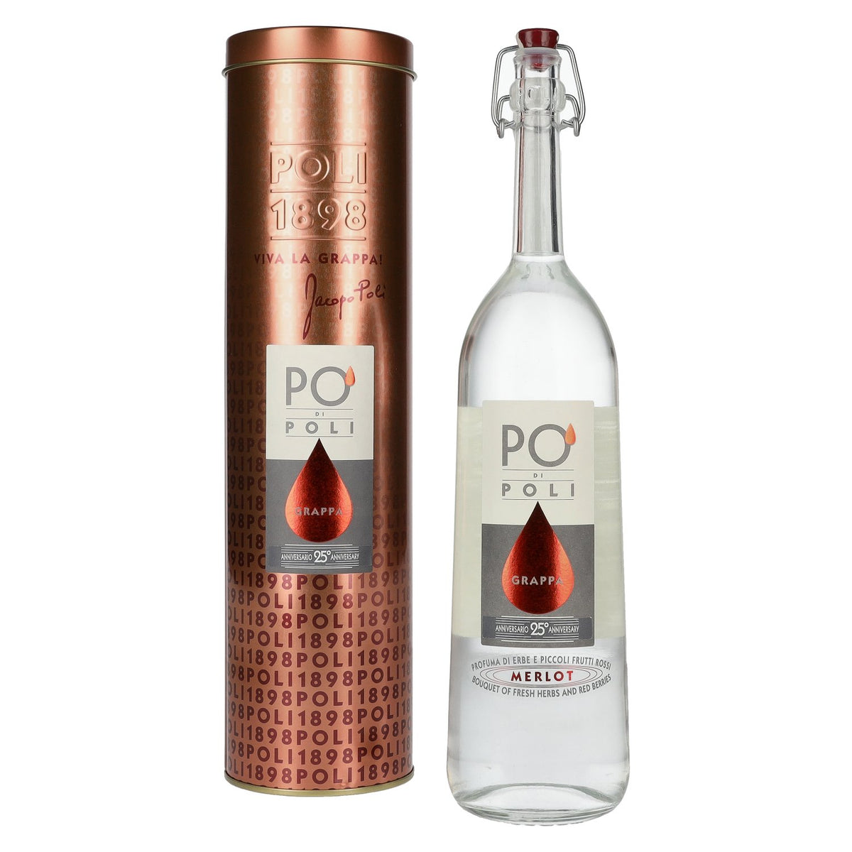 Poli Po' Di Poli Grappa 25th Anniversary Merlot 40% ABV 0.7l in a tin box