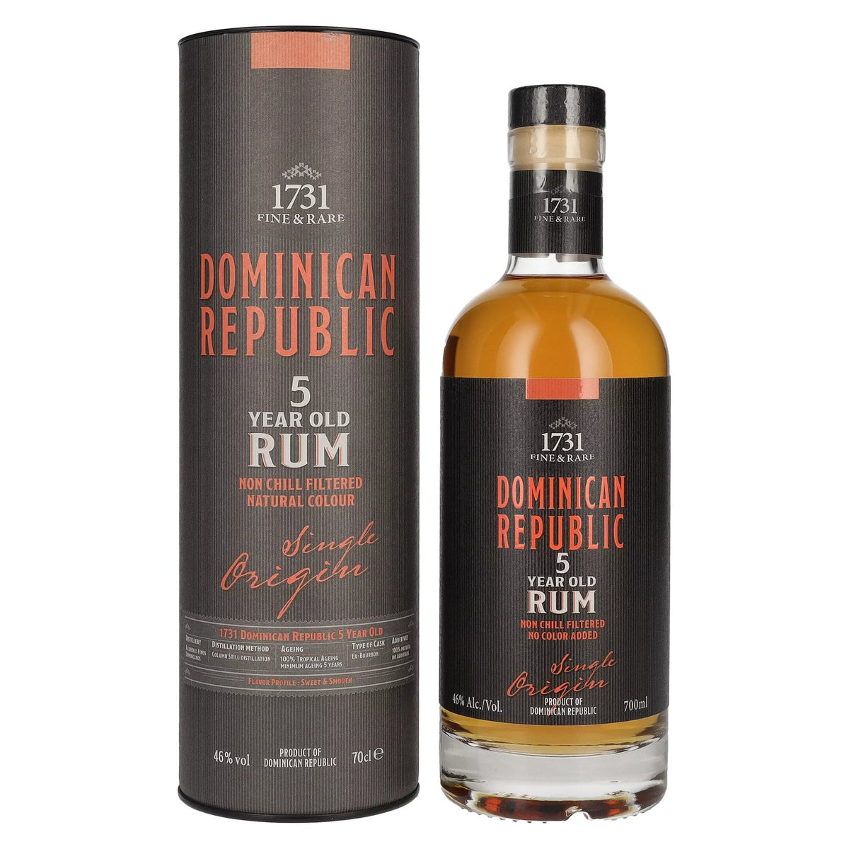 1731 Fine &amp; Rare DOMINICAN REPUBLIC 5 Years Old Single Origin Rum 46% Vol. 0,7l in gift box