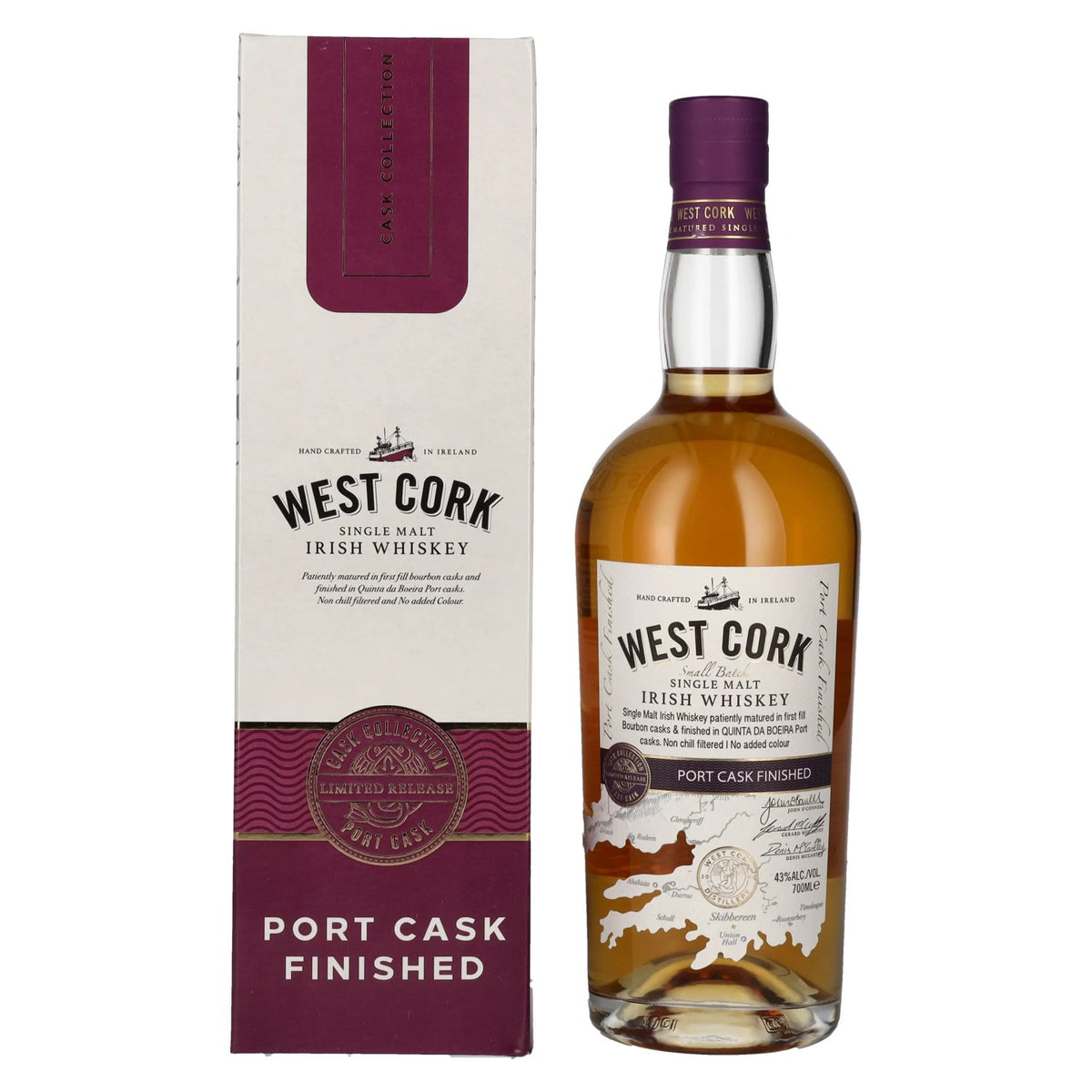West Cork Irish Whiskey PORT CASK FINISHED 43 % vol. 0,7 l dans un coffret cadeau