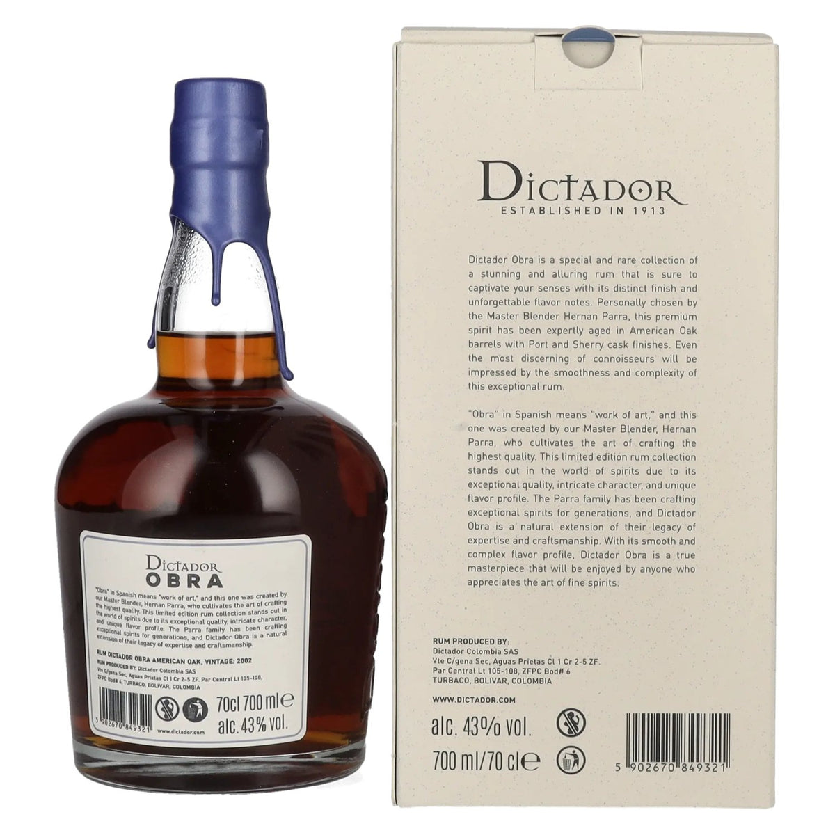 Dictador OBRA VINTAGE 21 Years Old AMERICAN OAK CASK Rum 2002 43% vol. 0,7 l in geschenkverpakking