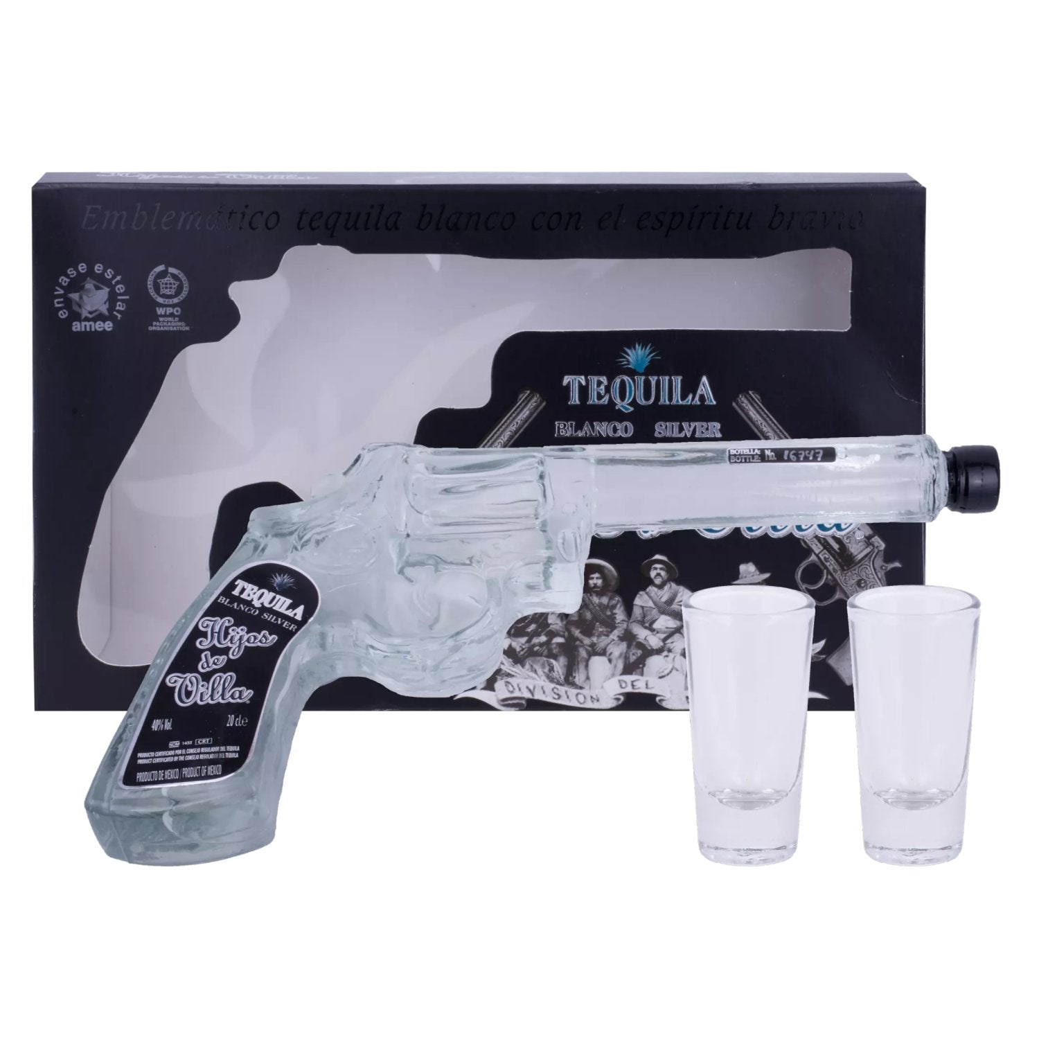 Hijos de Villa Tequila Blanco Silver 40% Vol. 0,2l in geschenkverpakking met 2 borrelglazen
