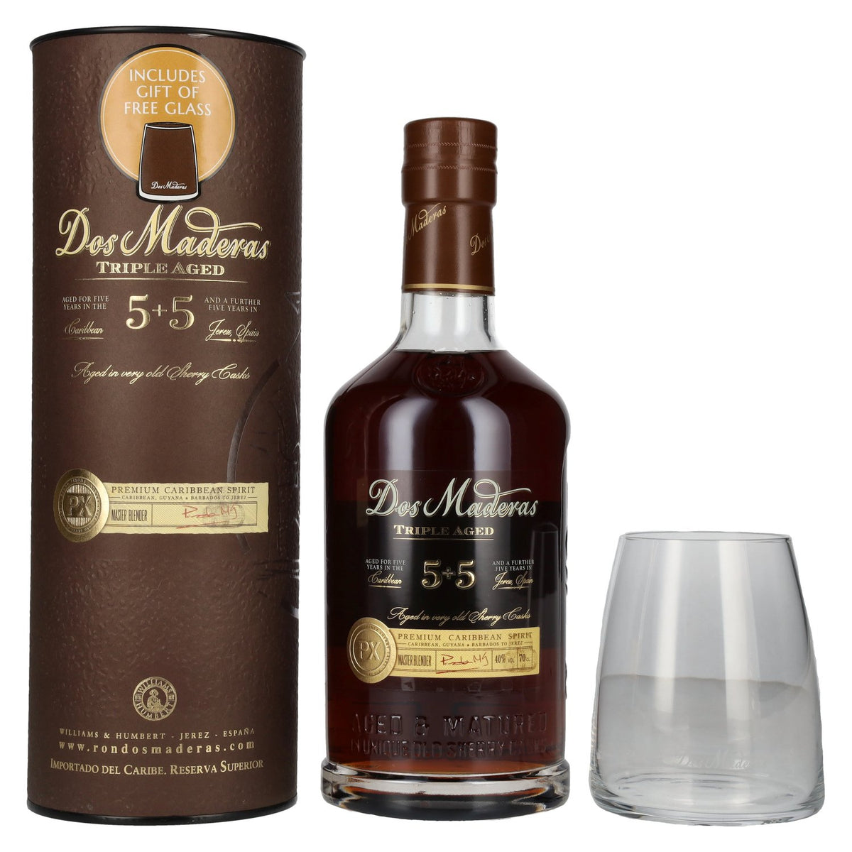 Dos Maderas PX 5+5 Years Old Triple Aged Spirit Drink 40% vol. 0,7 l in geschenkverpakking met glas