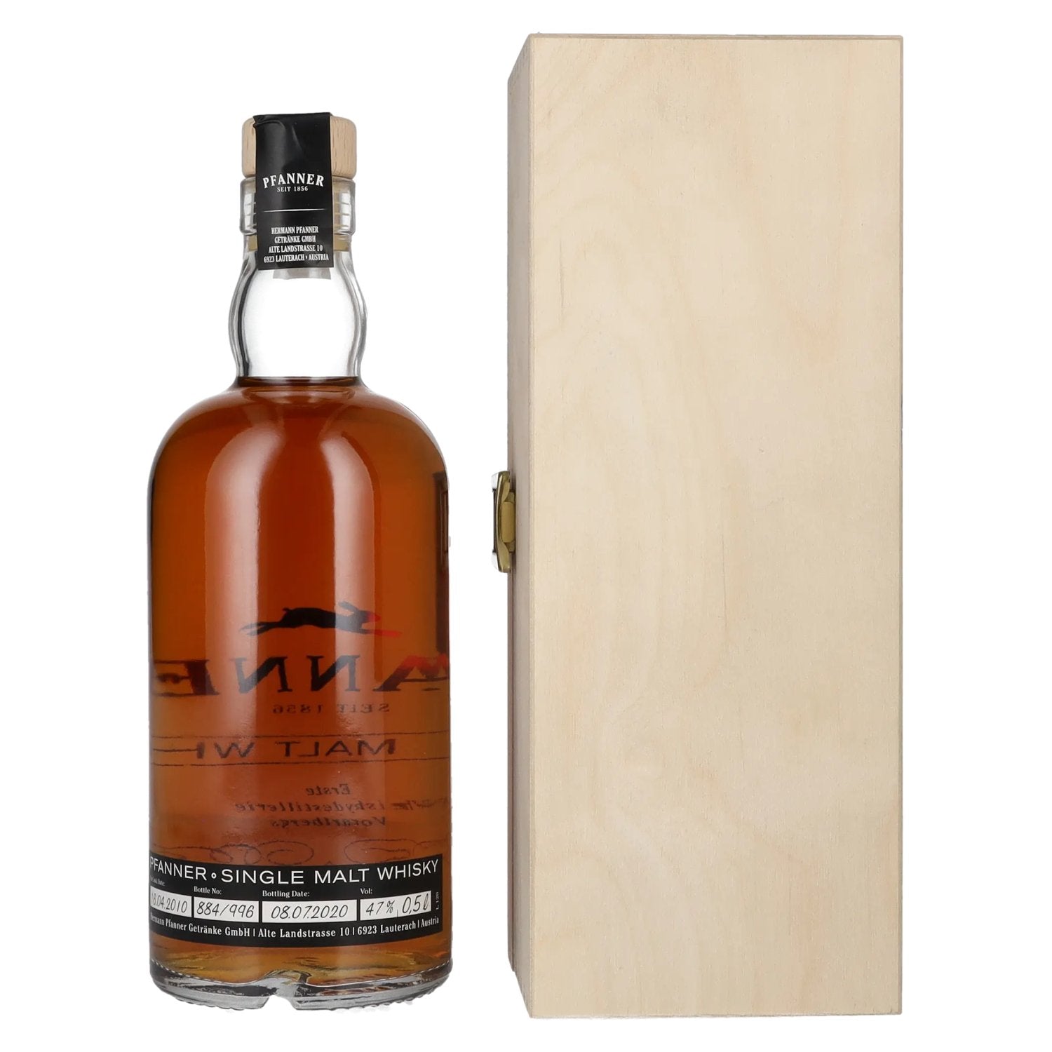 Pfanner 10 Years Old Single Malt Whisky édition anniversaire 47% vol. 0,5l dans une caisse en bois