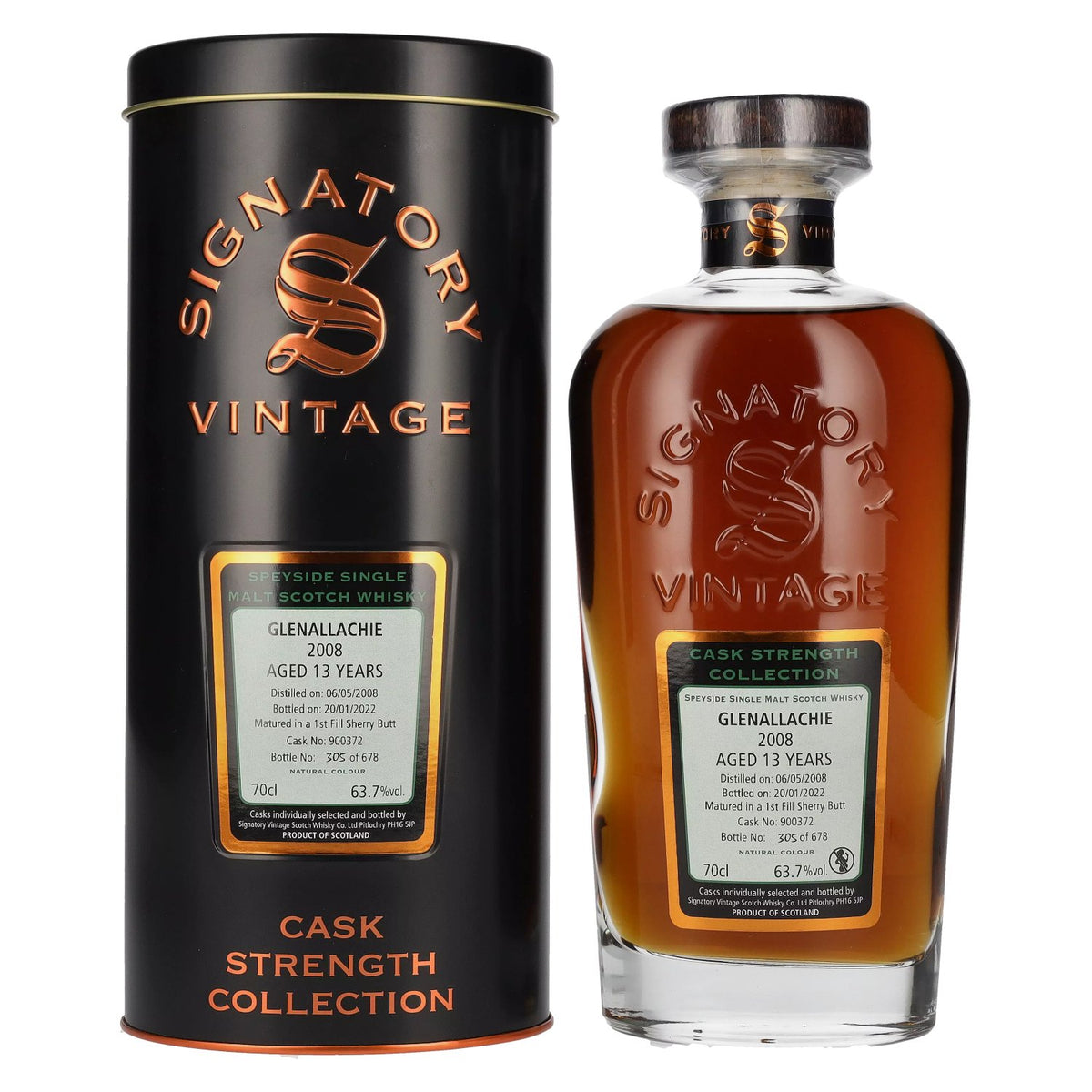 Signatory Vintage GLENALLACHIE 13 Years Old Cask Strength 2008 63,7% vol. 0,7 l in blikken doos