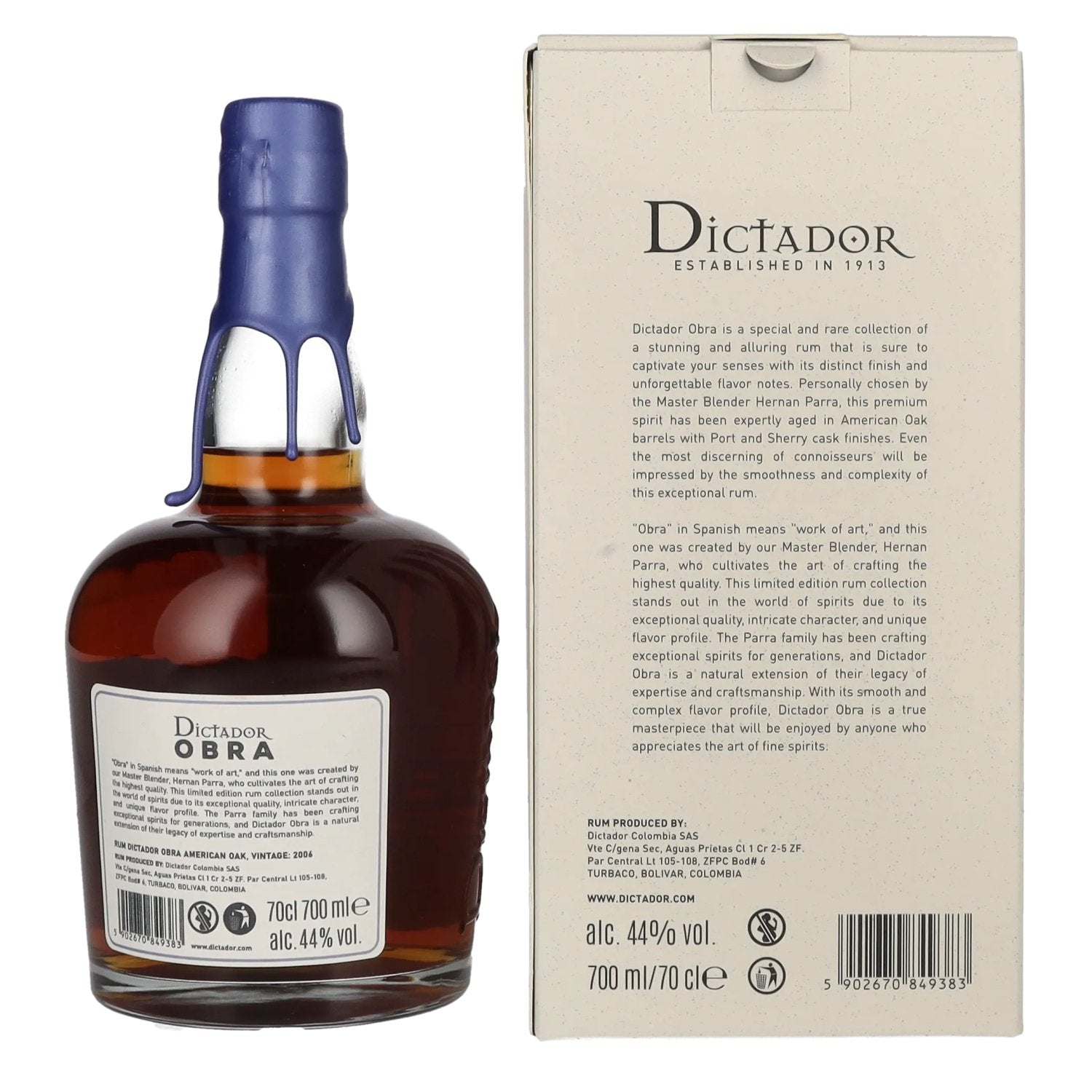 Dictador OBRA VINTAGE 17 Years Old AMERICAN OAK CASK Rum 2006 44% Vol. 0,7l in geschenkverpakking