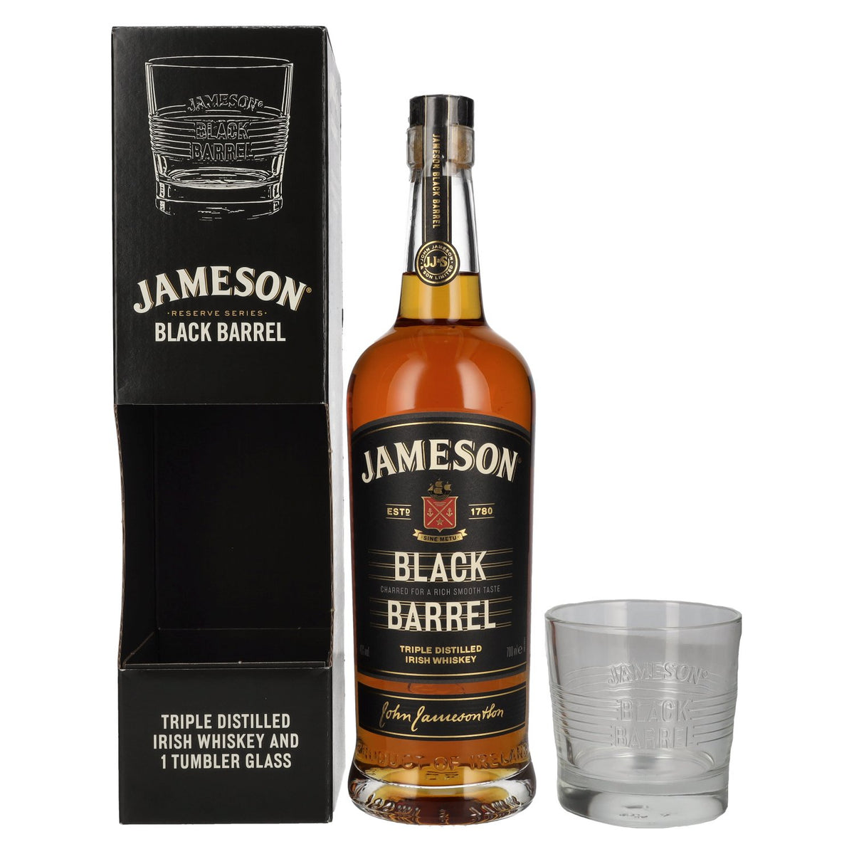 Jameson BLACK BARREL triple distillation Irish Whiskey, 40 % vol., 0,7 l, dans un coffret cadeau avec un verre à whisky