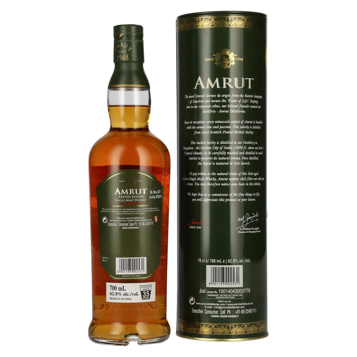 Amrut PEATED, whisky single malt indien, CASK STRENGTH 62,8 % vol., 0,7 l, dans une boîte en fer-blanc