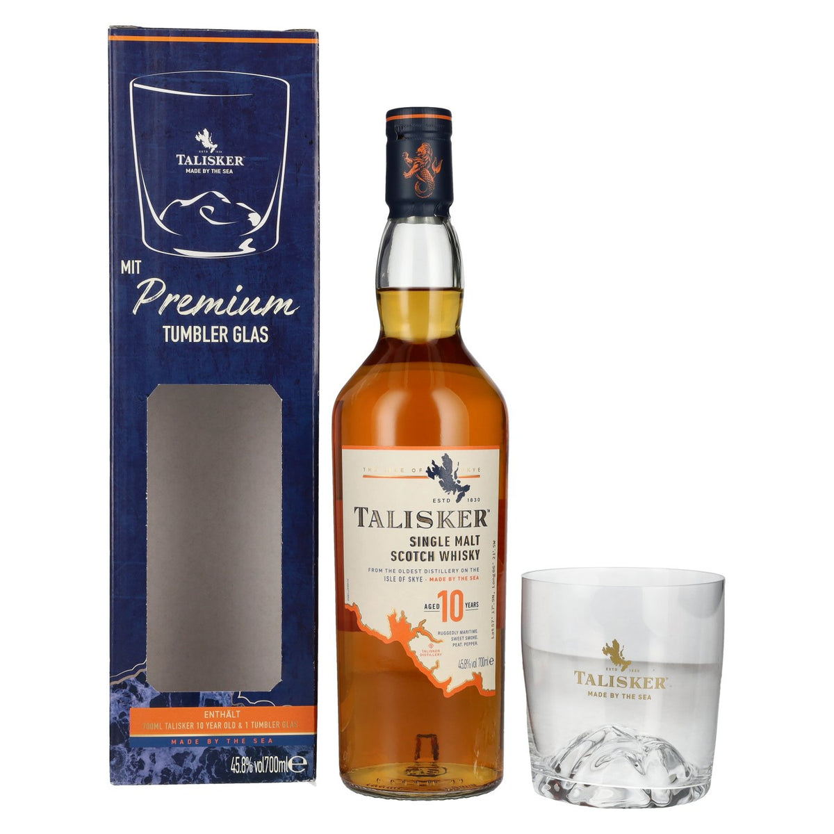 Talisker 10 Years Old Single Malt Scotch Whisky 45.8% ABV, 0.7 litres, in a gift box with a tumbler glass
