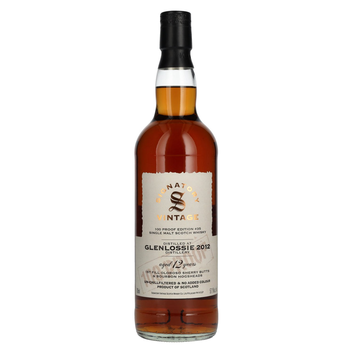 Signatory Vintage 100 Proof Edition Glenlossie 12 ans d'âge Single Malt n° 35 2012 57,1 % vol. 0,7 l