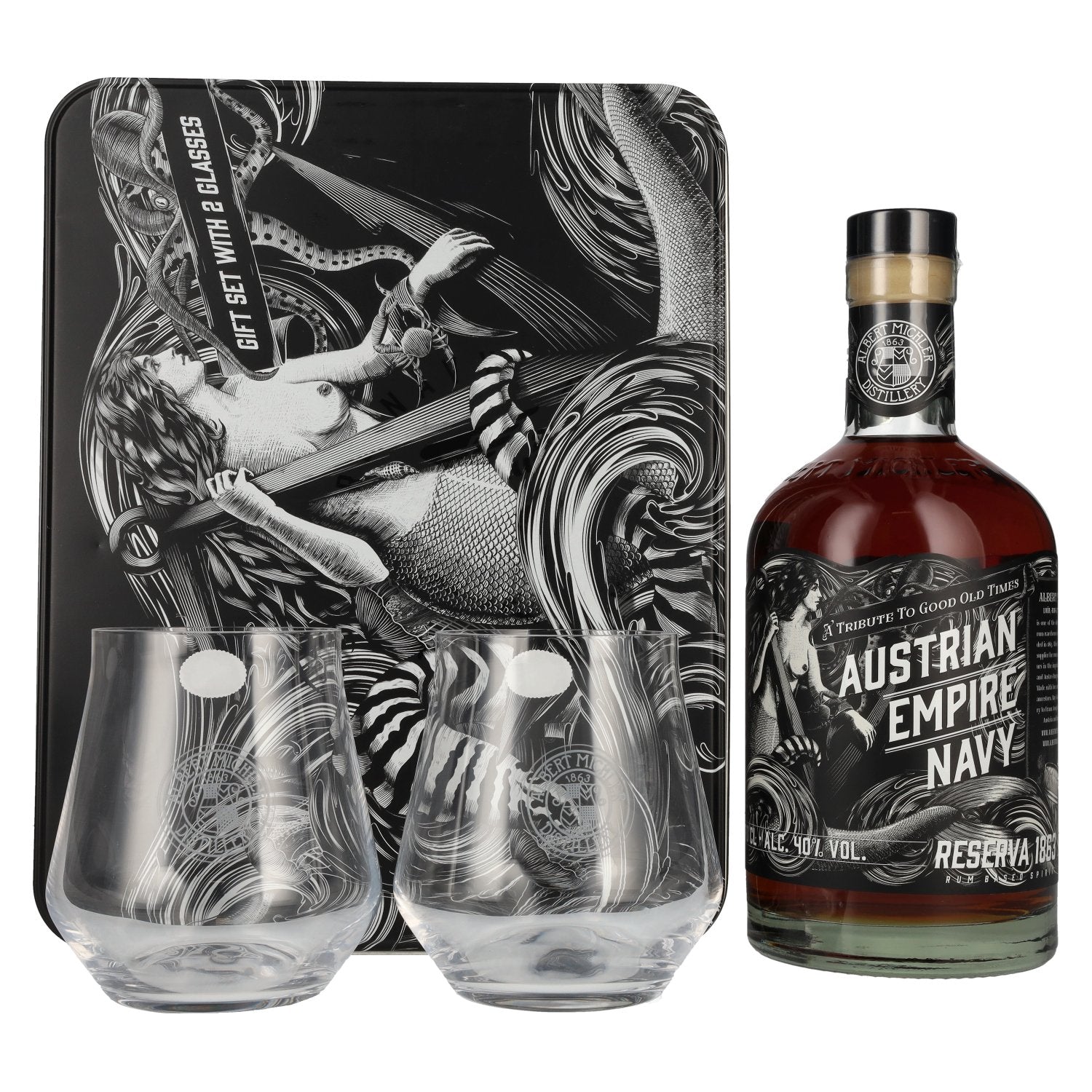 Austrian Empire Navy RESERVA 1863 Spirit Drink 40% Vol. 0,7l in Geschenkbox mit 2 Gläser