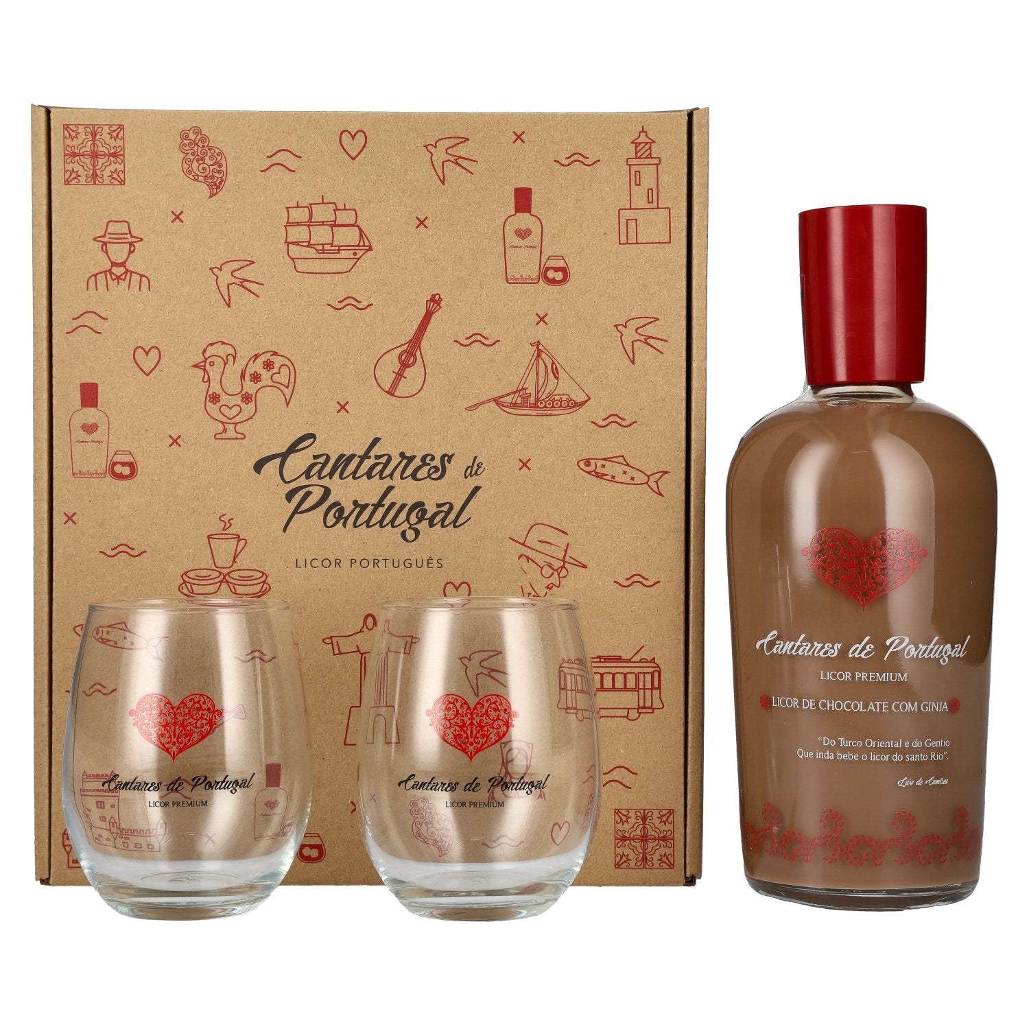 Cantares de Portugal Licor de Chocolate com Ginia 15% vol. 0,7l en boîte cadeau avec 2 verres
