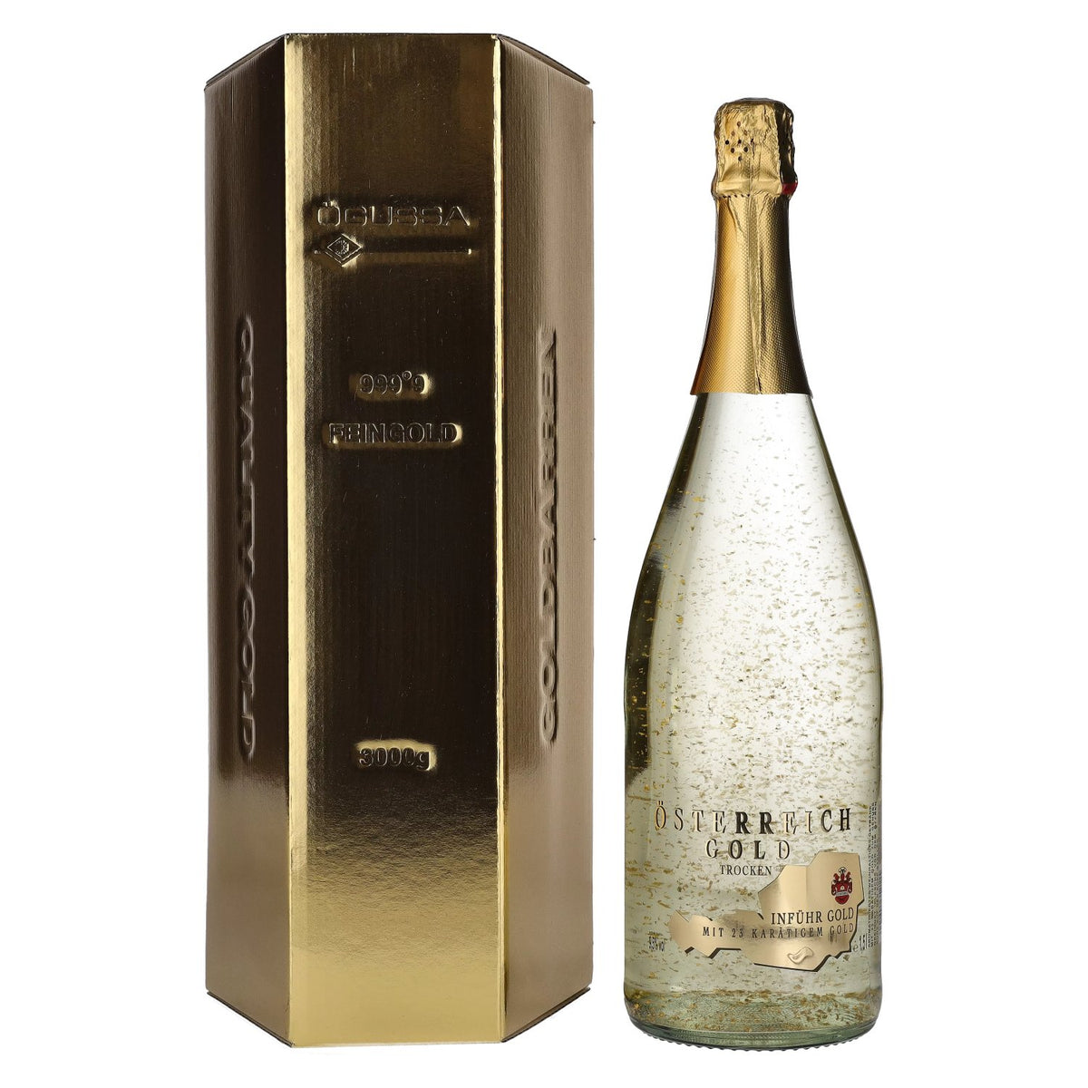Austria Gold – with 23-carat gold leaf, 9.5% ABV, 1.5 litres in a gift box