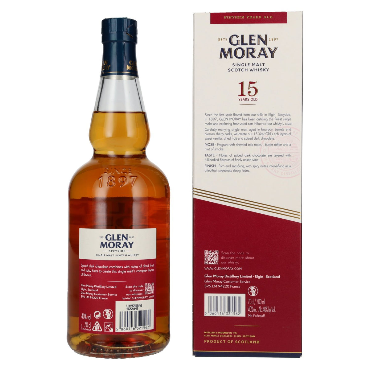 Glen Moray 15 ans d'âge, vieilli en fûts de bourbon et de sherry, single malt du Speyside, 40 % vol., 0,7 l, dans un coffret cadeau