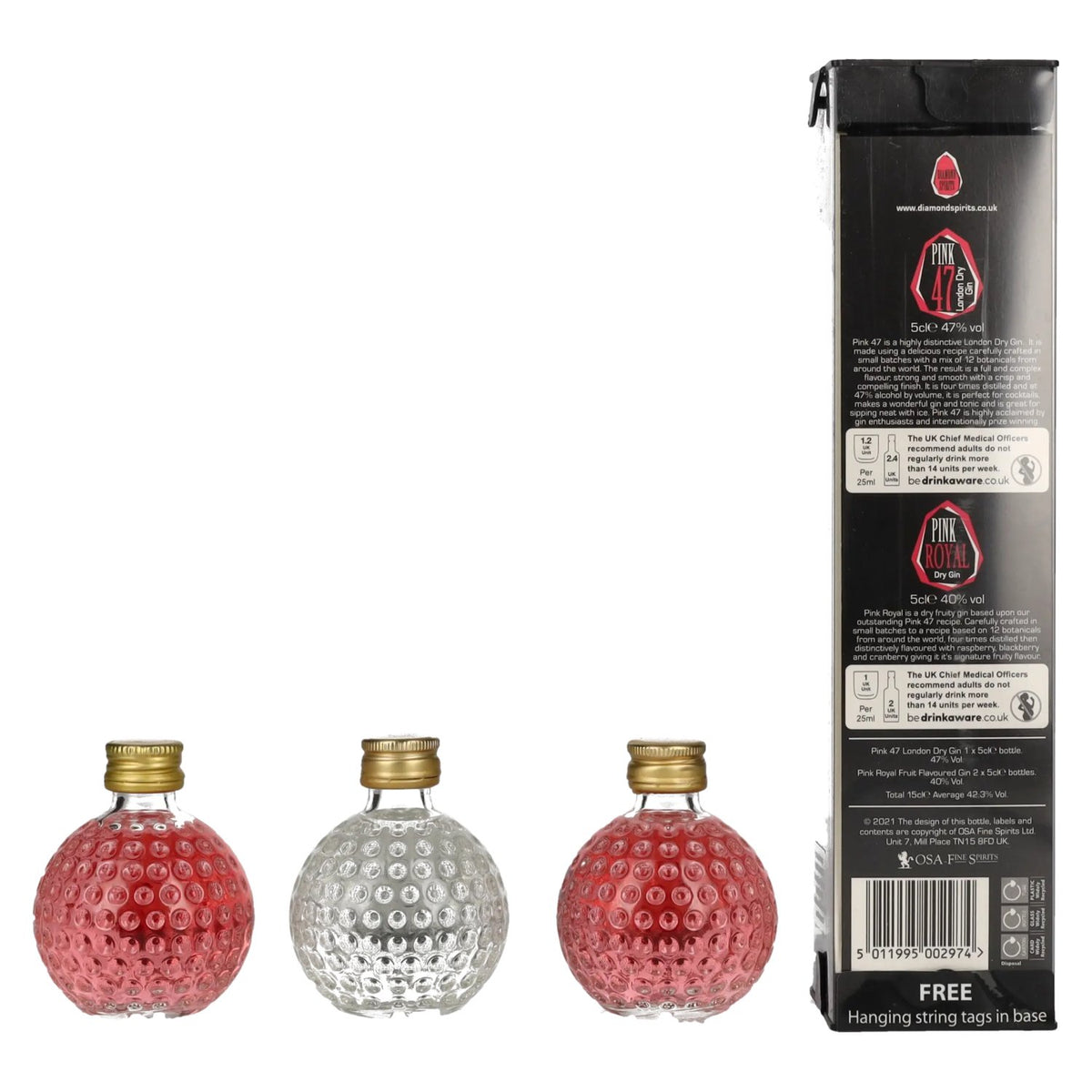 Pink Royal Dry Gin &amp; Pink 47 London Dry Gin : boules de Noël 42,3 % vol., 3 x 0,05 l dans un coffret cadeau
