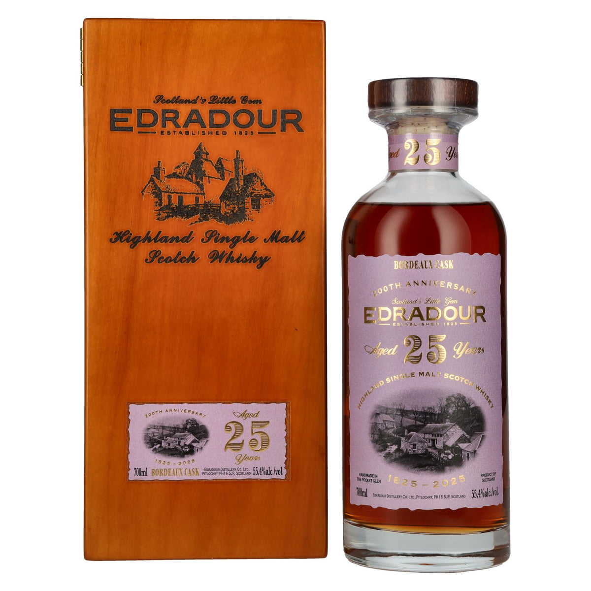 Edradour 25 Years Old 200th Anniversary 1st Fill Bordeaux Cask Highland Single Malt 55.4% ABV 0.7 litres in a wooden box