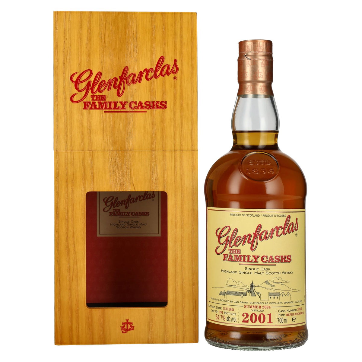 Glenfarclas THE FAMILY CASKS Single Cask SUMMER 2024 Refill Hogshead #3762 2001 54,7% vol. 0,7 l in houten kist