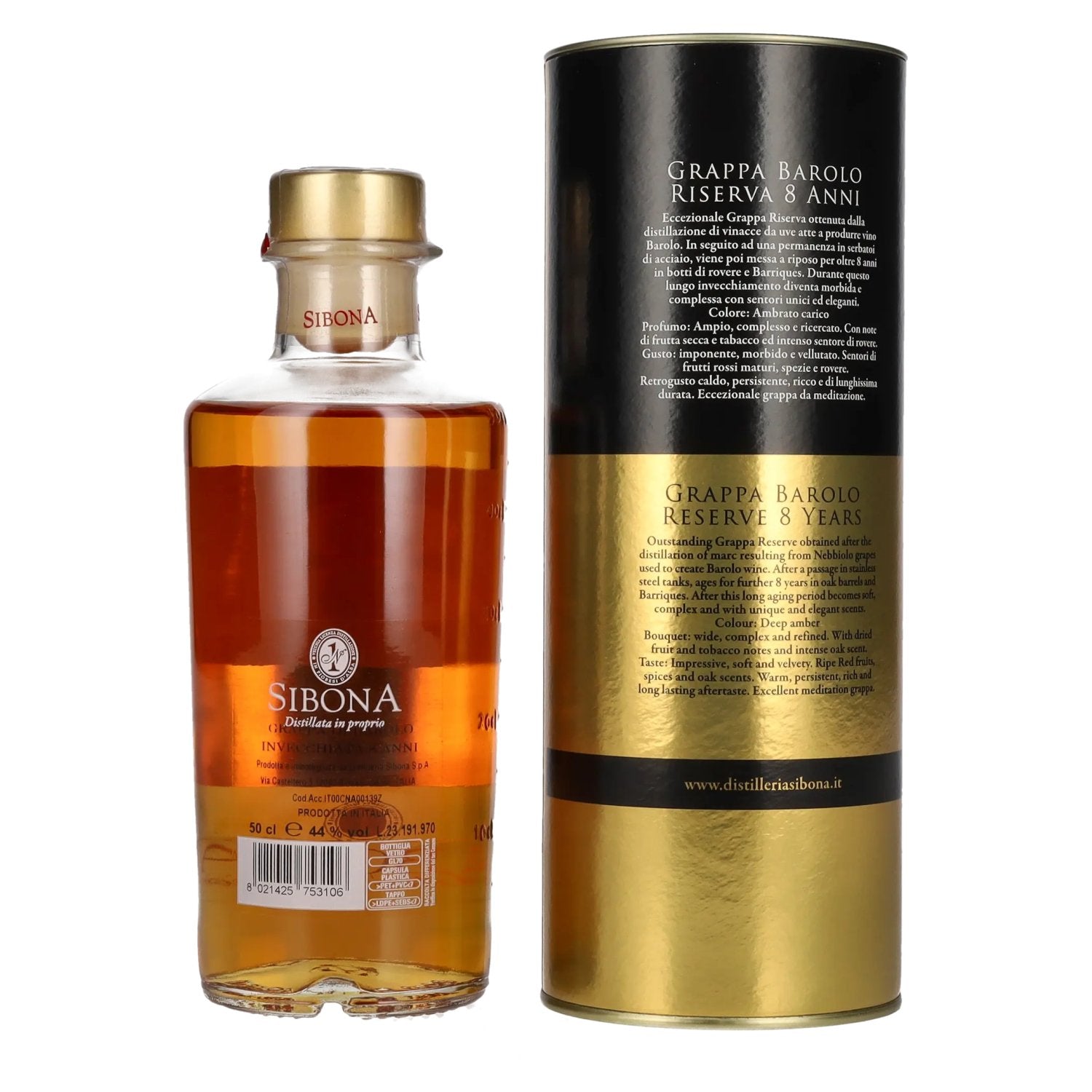 Sibona 8 Anni Invecchiata Grappa di BAROLO 44% vol. 0,5l en boîte cadeau