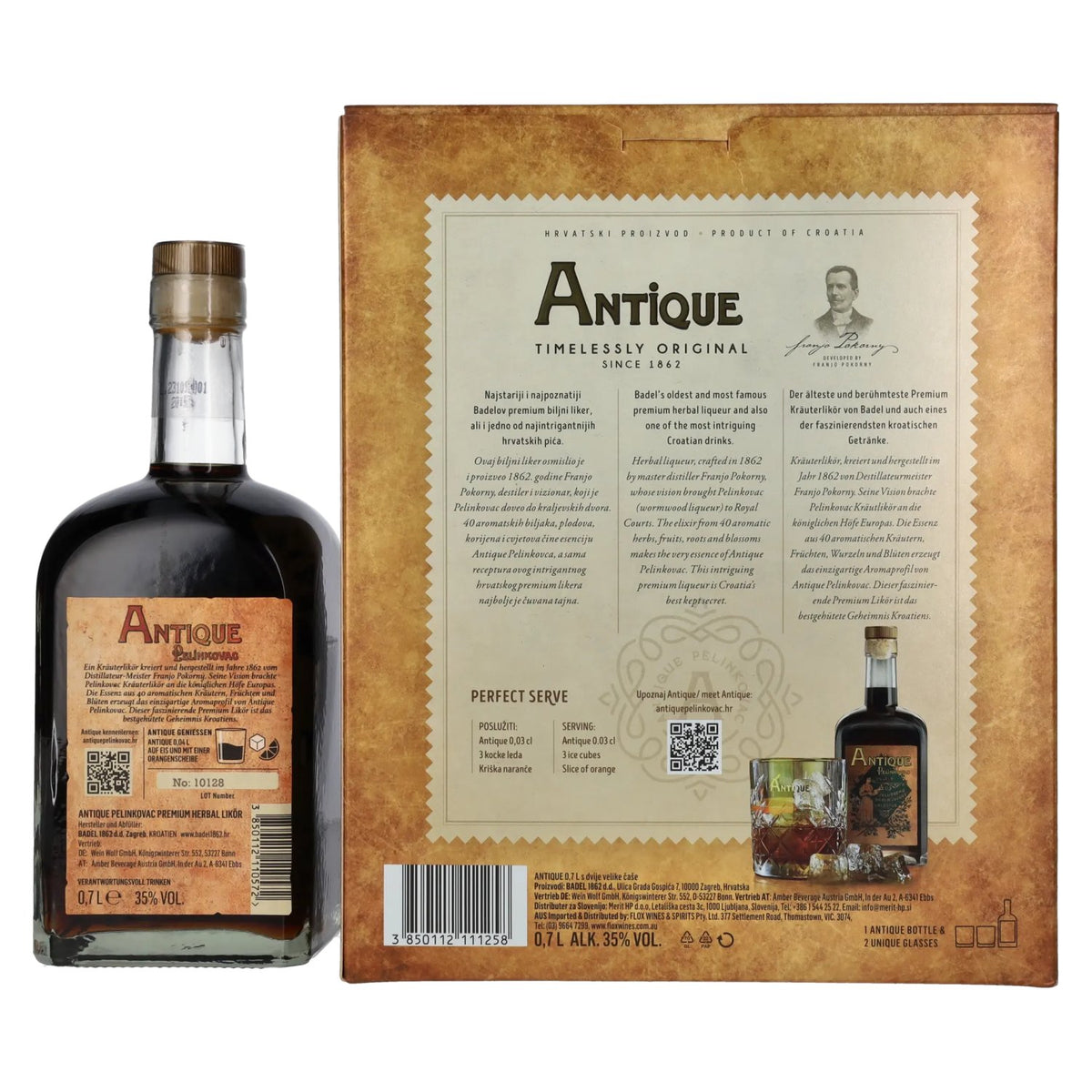 Liqueur aux herbes Badel Antique Pelinkovac Premium, 35 % vol., 0,7 l, dans un coffret cadeau avec 2 verres