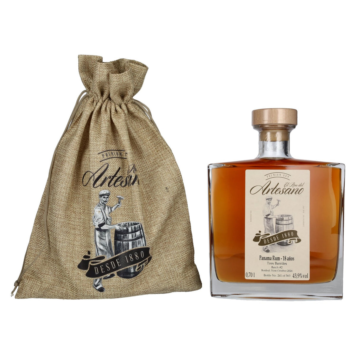 El Ron del Artesano 18 ans Tes Barriles Panama Rum 43,9 % vol. 0,7 l dans un sac en lin