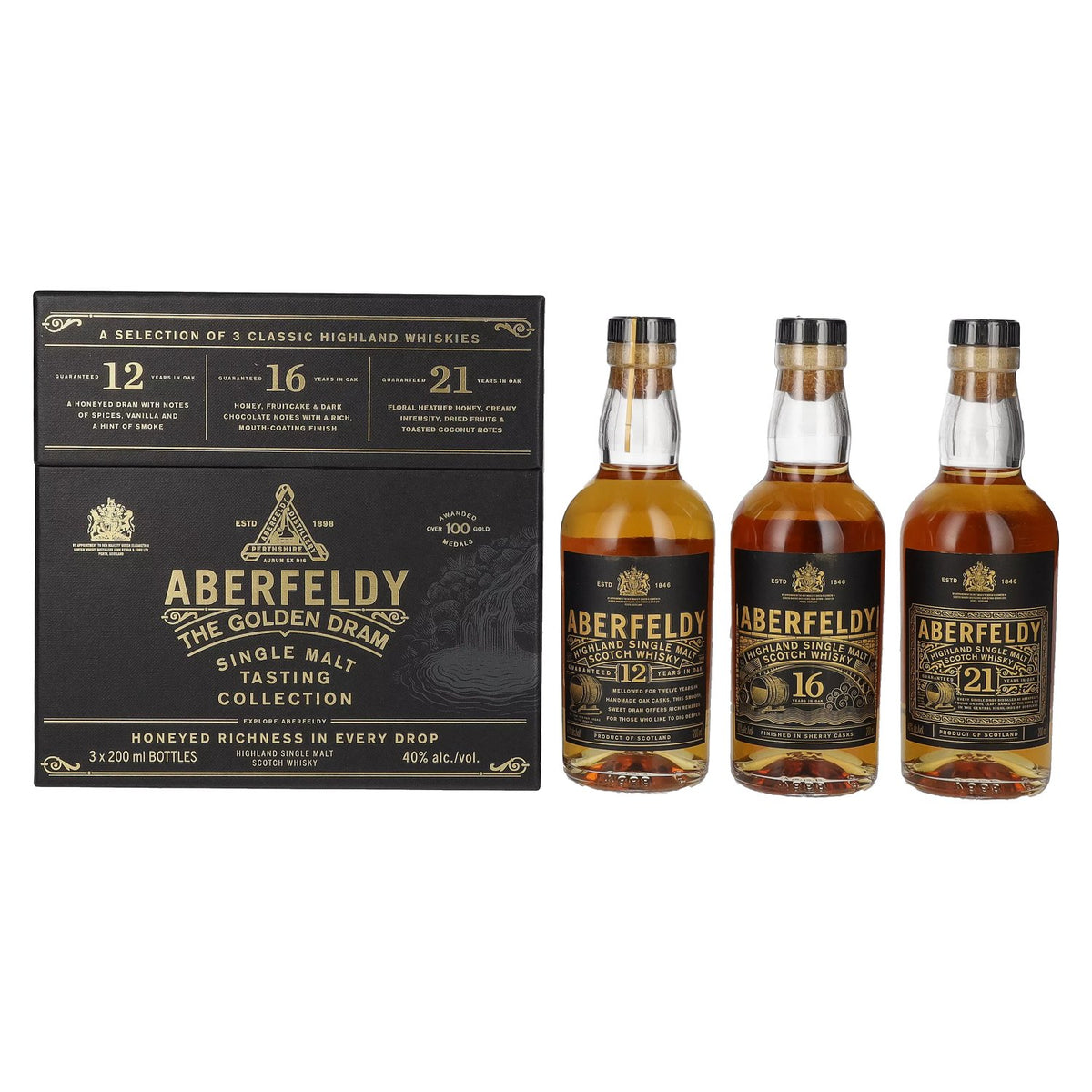 Aberfeldy « The Golden Dram » - Coffret de dégustation de single malts, 40 % vol., 3 x 0,2 l, dans un coffret cadeau