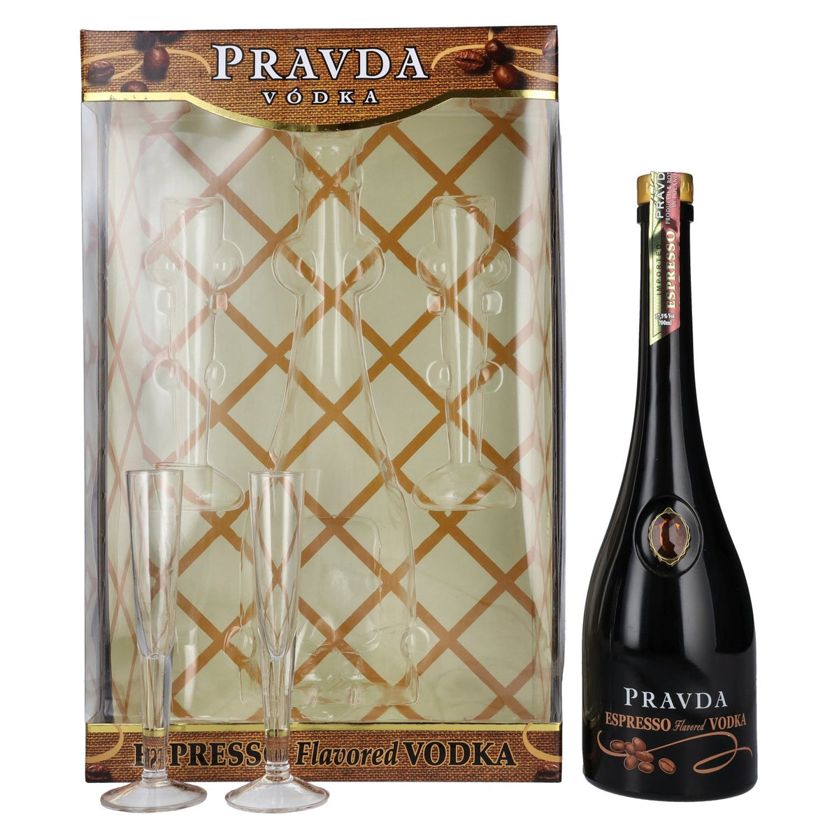 Pravda ESPRESSO gearomatiseerde wodka 37,5% vol. 0,7 l in geschenkverpakking met 2 glazen