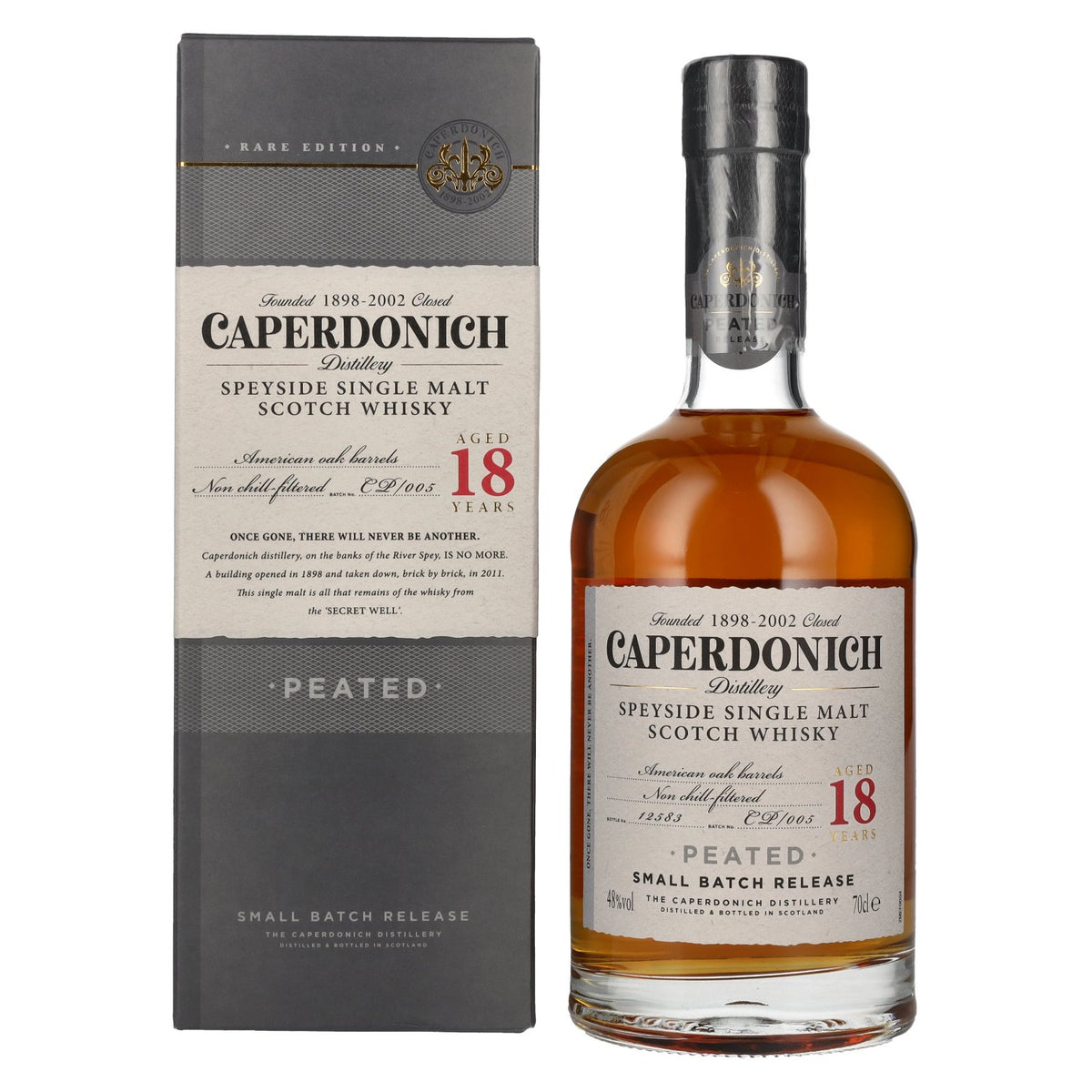 Caperdonich 18 ans d'âge, single malt de Speyside tourbé, n° 005, 48 % vol., 0,7 l, dans un coffret cadeau