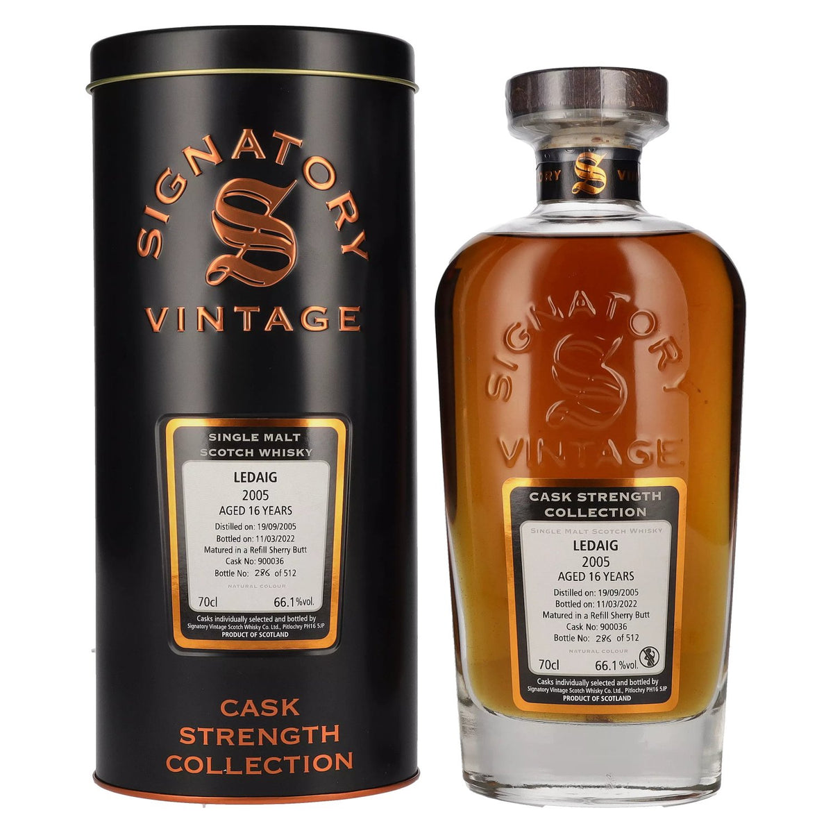 Signatory Vintage LEDAIG 16 Years Old Cask Strength 2005 66.1% vol. 0.7 l in a tin box
