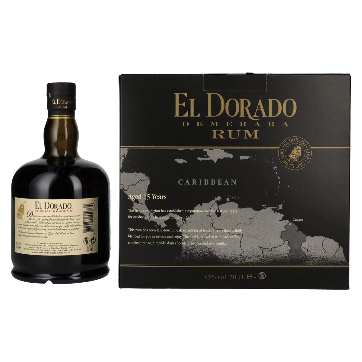 El Dorado 15 ans d'âge, rhum Finest Demerara SPECIAL RESERVE 43 % vol., 0,7 l, dans un coffret cadeau avec 2 verres