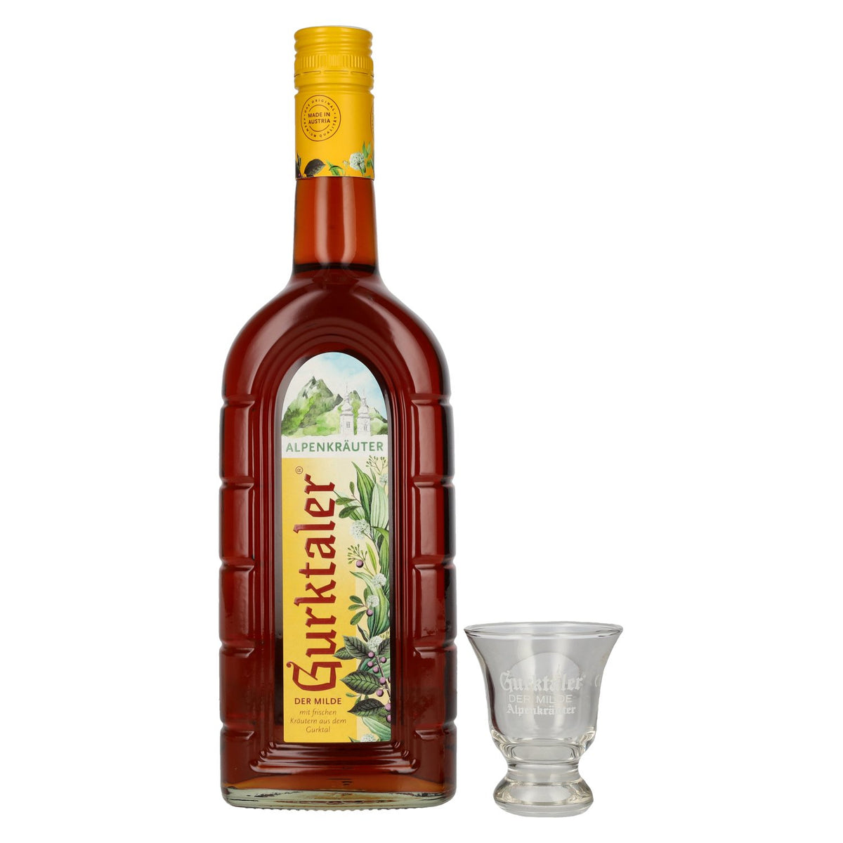 Gurktaler Alpine Herbs 27% ABV, 0.7 l, with a Gurktal retro shot glass