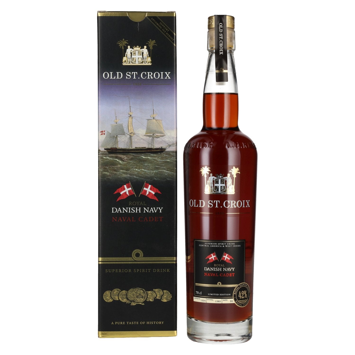 Old St. Croix A.H. Riise Royal DANISH NAVY NAVAL CADET Superieure gedistilleerde drank 42% Vol. 0,7l in geschenkverpakking