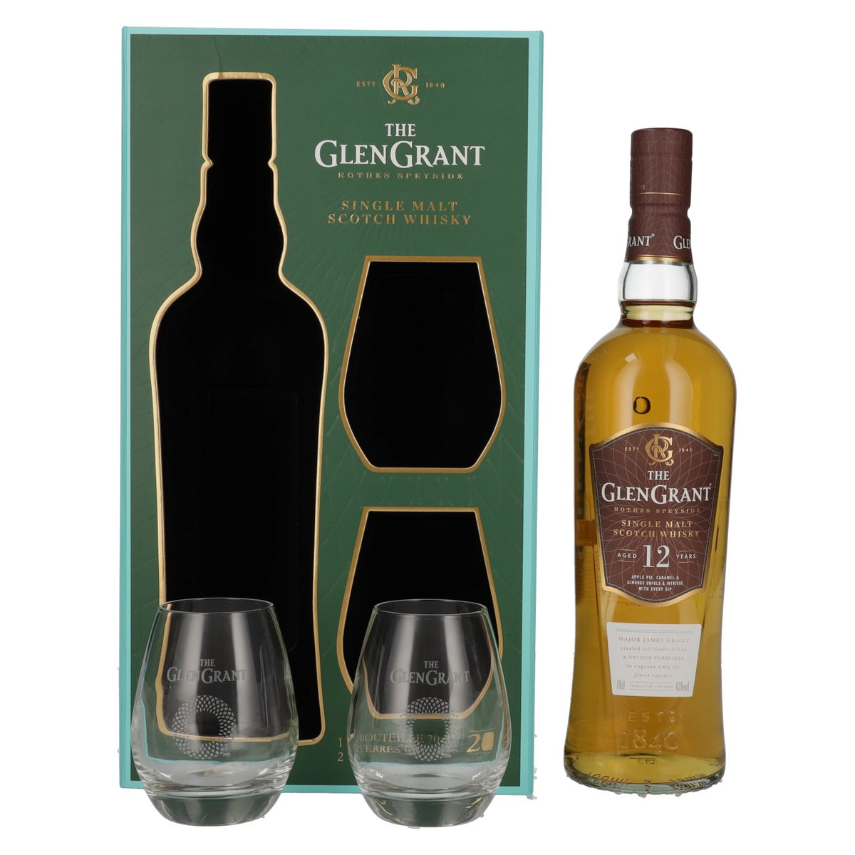Glen Grant 12-Year-Old Single Malt 43% ABV 0.7l in a gift box with 2 glasses