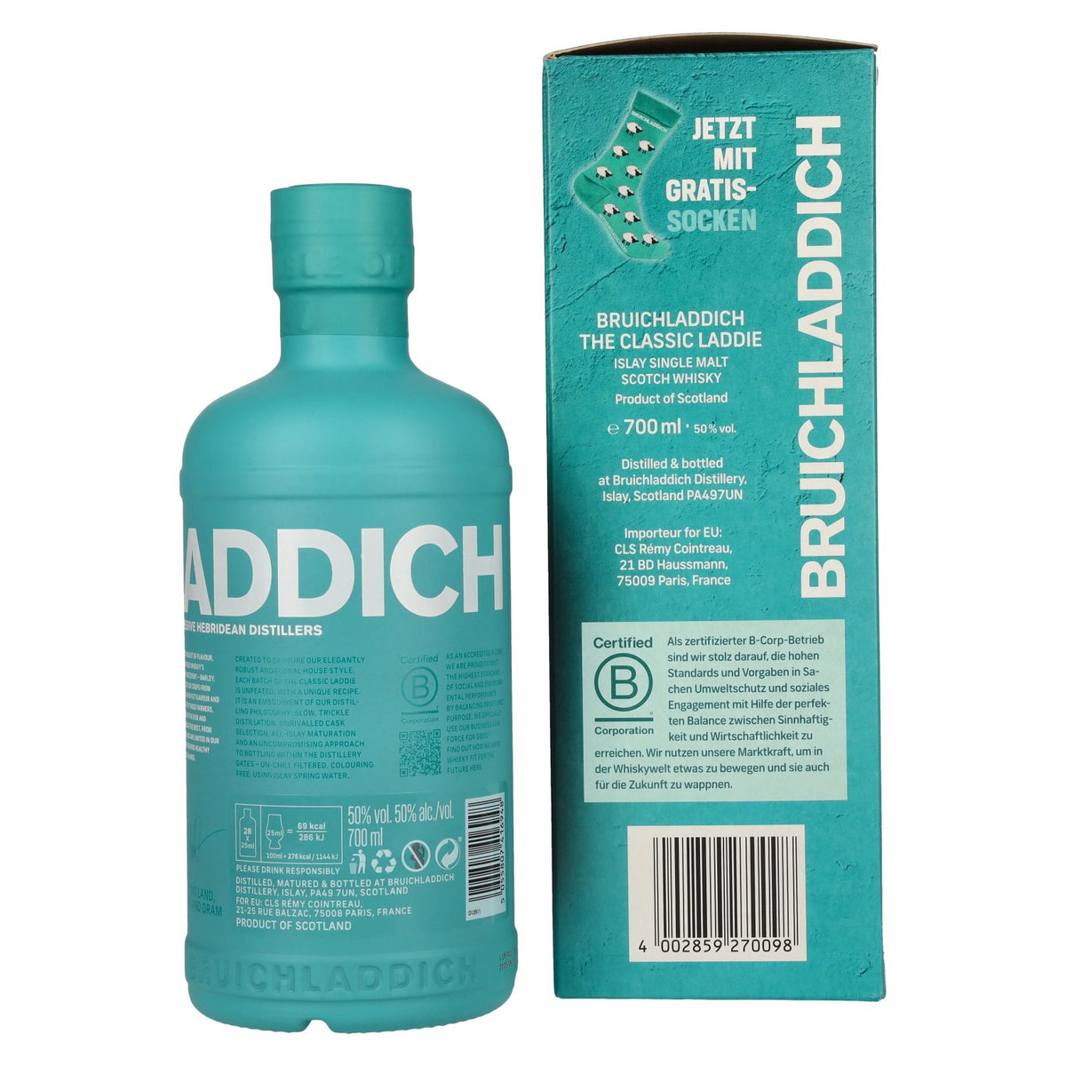 Bruichladdich THE CLASSIC LADDIE Scottish Barley Unpeated Islay Single Malt 50% Vol. 0,7l in Geschenkbox mit Socken