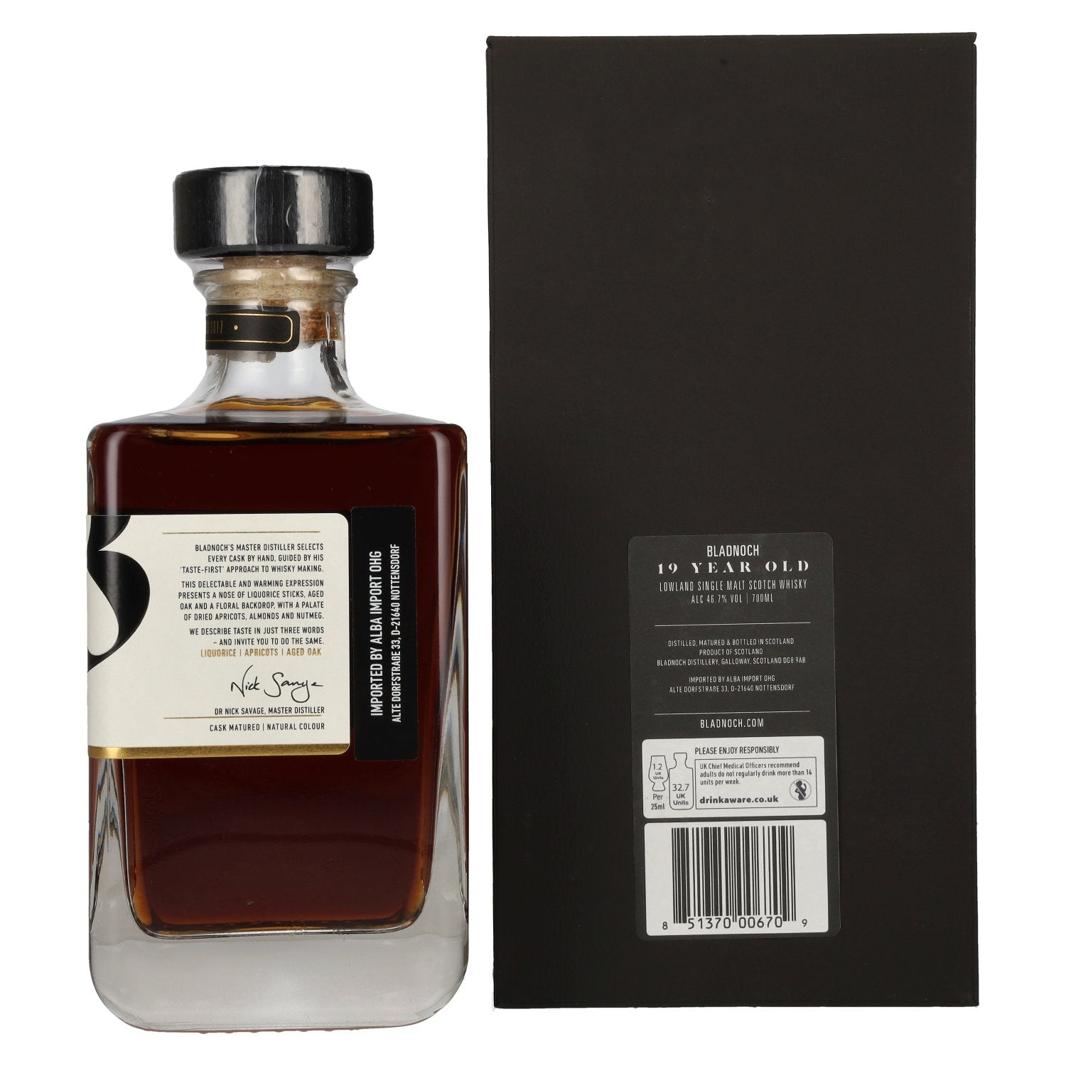 Bladnoch 19 Years Old Lowland Single Malt PX Sherry Cask 46.7% ABV 0.7l in a gift box