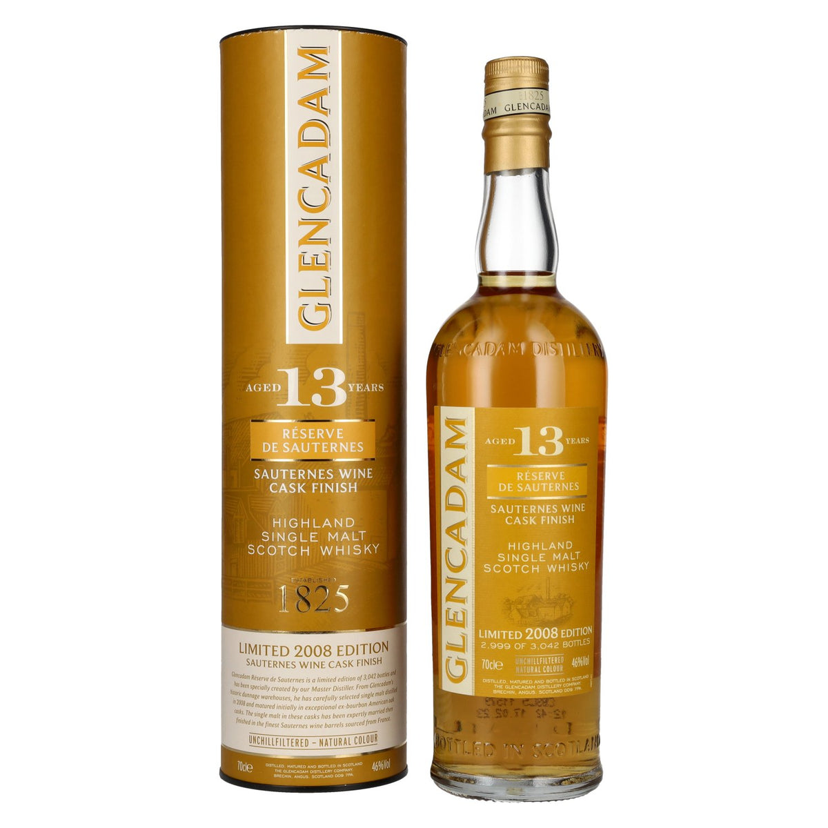 Glencadam 13 ans d'âge, finition en fût de Sauternes, édition limitée 2008, 46 % vol., 0,7 l, dans un coffret cadeau