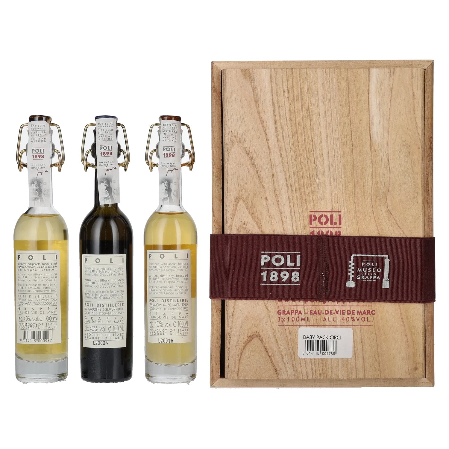 Poli Grappa Baby Pack ORO 40% Vol. 3x0,1l in houten kistje