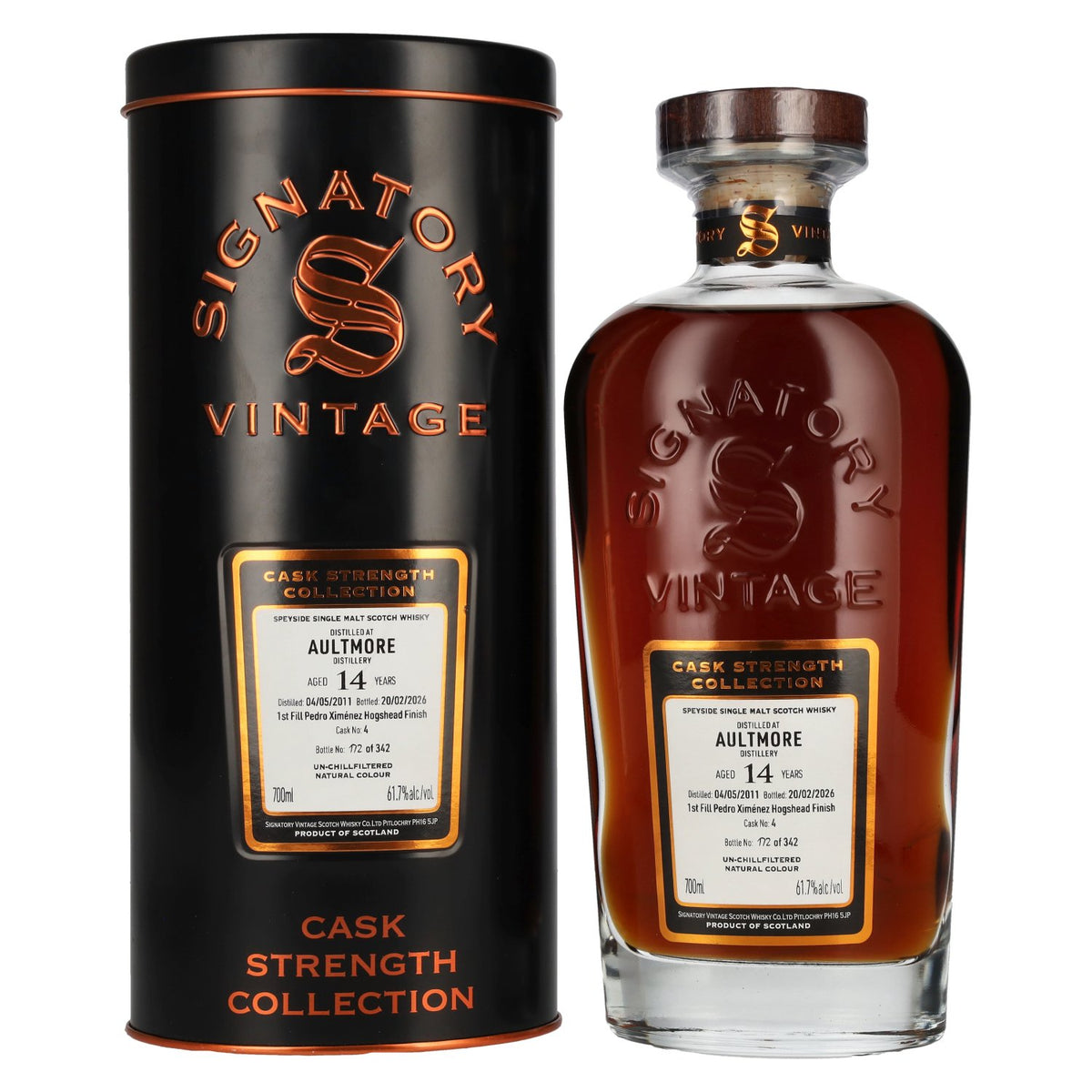 Signatory Vintage Aultmore 14 Years Old Cask Strength Collection 2011 61.7% vol. 0.7 l in a tin box