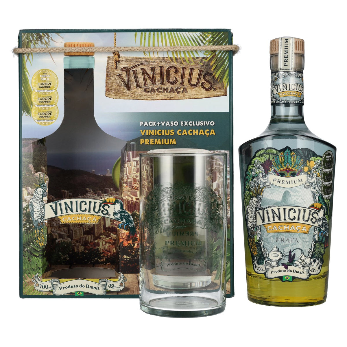 Vinicius Premium Cachaca Prata 42 % vol., 0,7 l, dans un coffret cadeau avec un verre