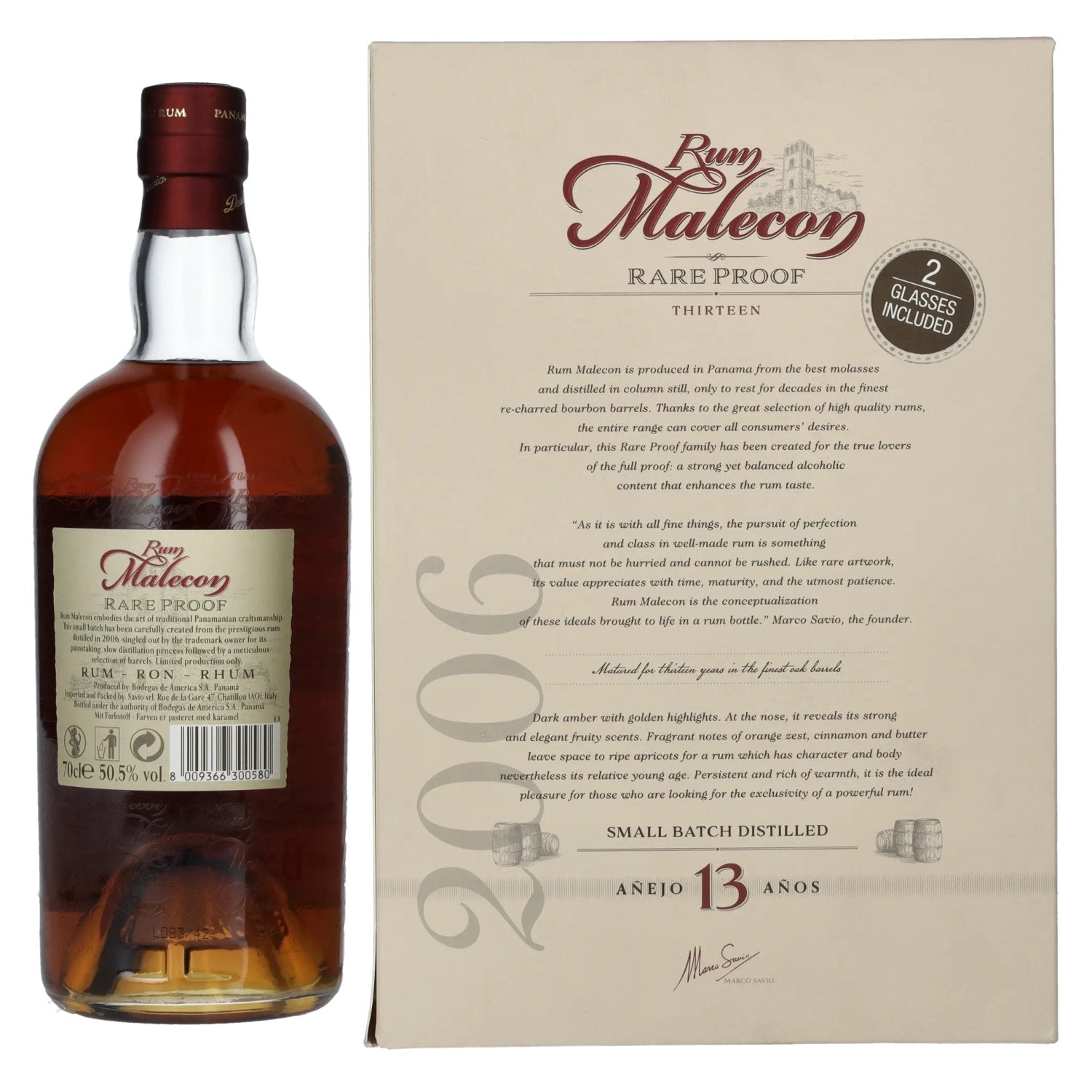 Rum Malecon Añejo 13 Años RARE PROOF 2006 50,5% Vol. 0,7l in geschenkverpakking met 2 glazen