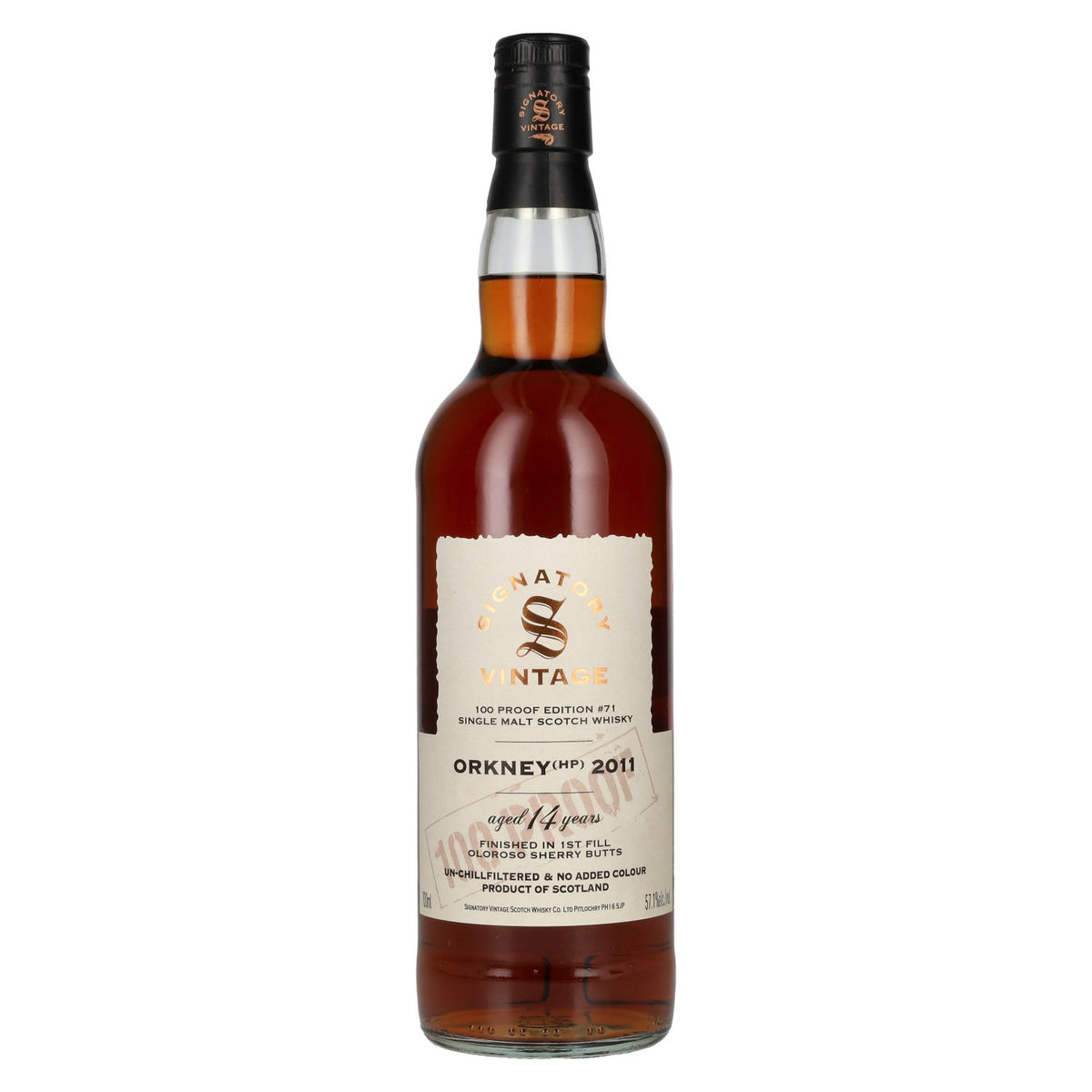 Signatory Vintage 100 Proof ORKNEY (HP) 14 ans d'âge, fûts de sherry Oloroso n° 71, 2011, 57,1 % vol., 0,7 l