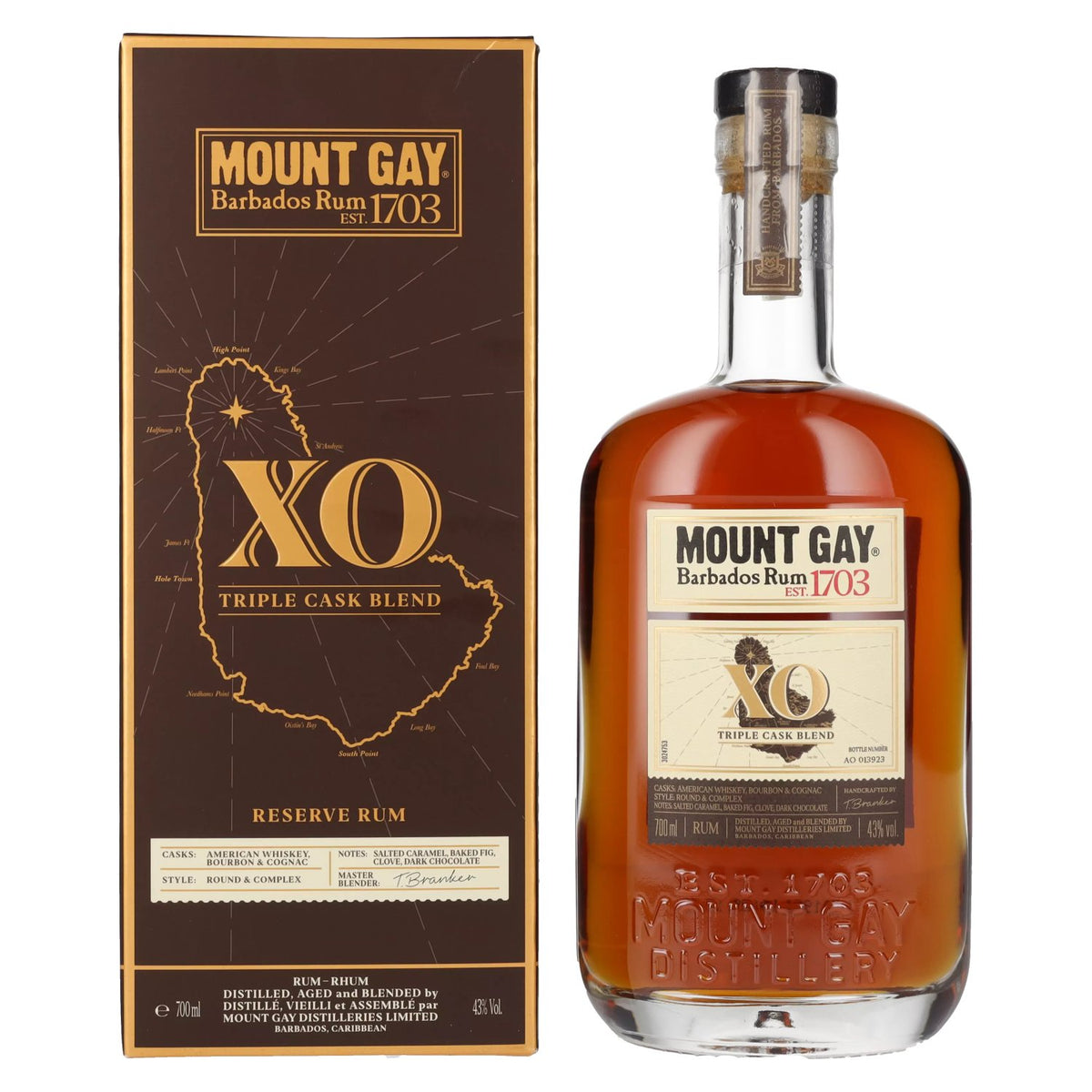 Mount Gay 1703 XO Triple Cask Blend 43 % vol., 0,7 l, dans un coffret cadeau