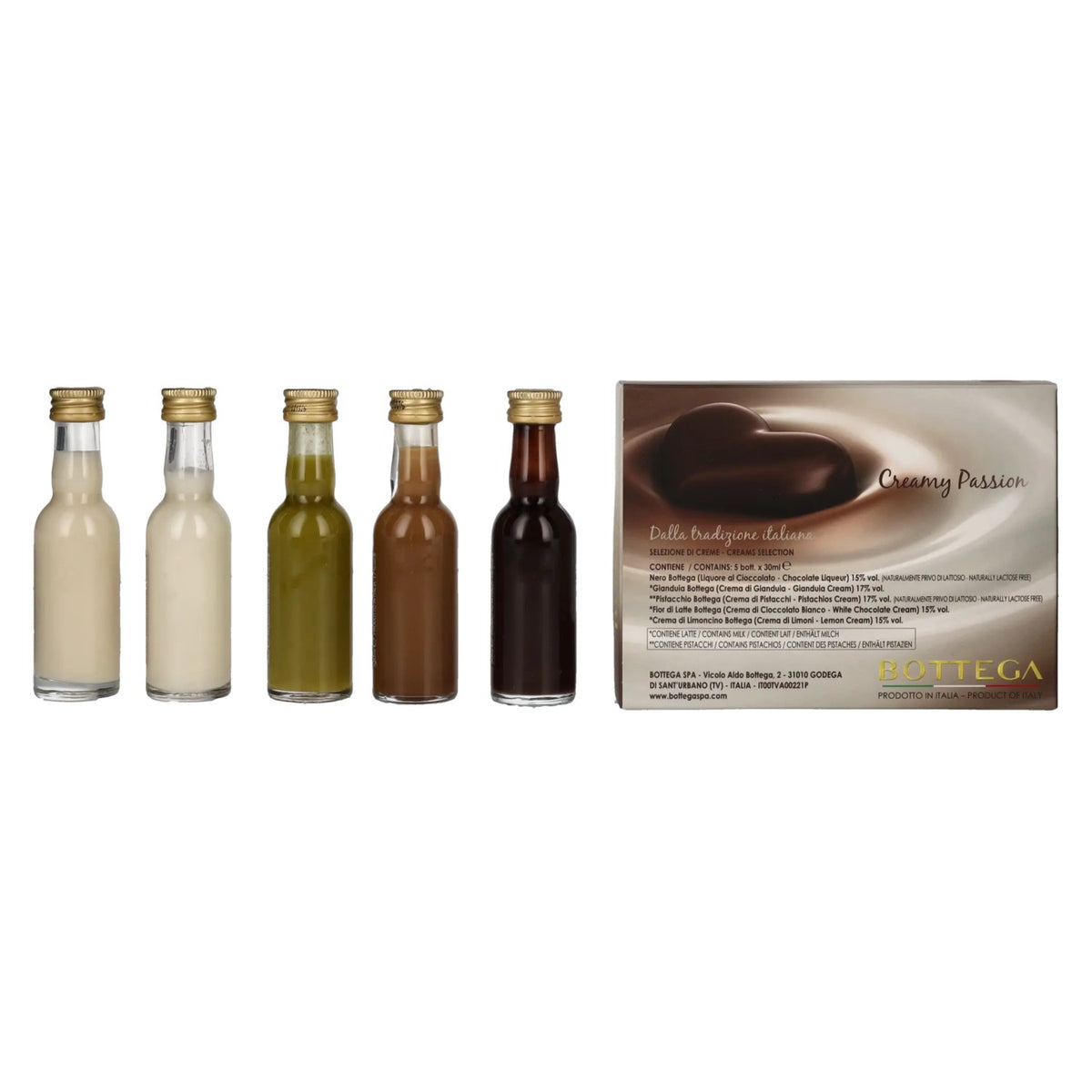 Coffret de mignonettes Bottega Creamy Passion, 15,8 % vol., 5 x 0,03 l, dans un coffret cadeau