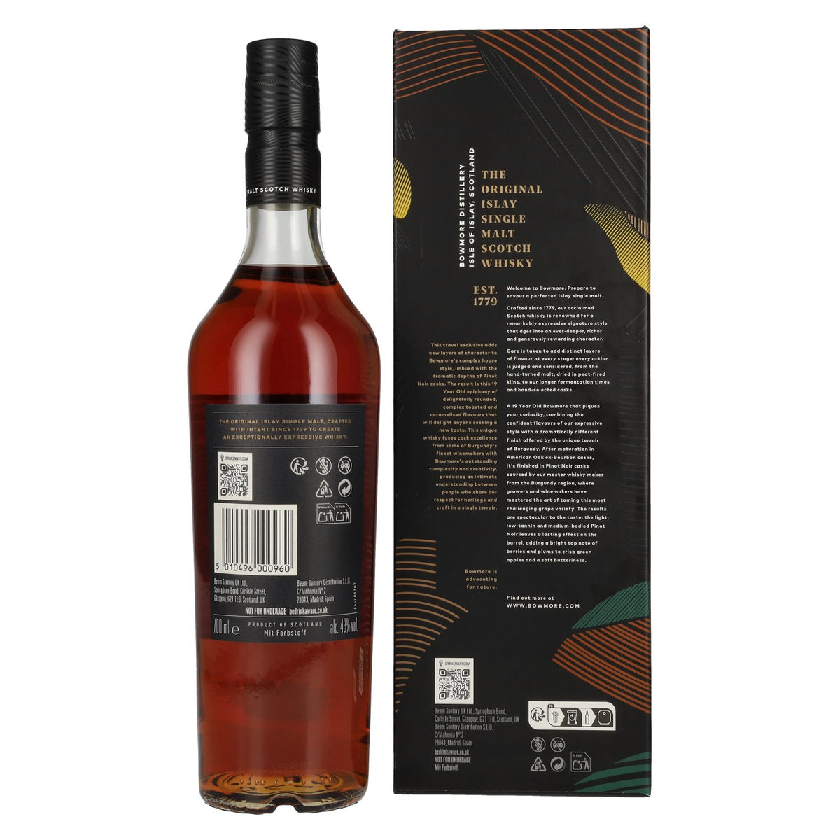 Bowmore 19 ans d'âge, finition en fût de pinot noir, single malt d'Islay, 43 % vol., 0,7 l, dans un coffret cadeau