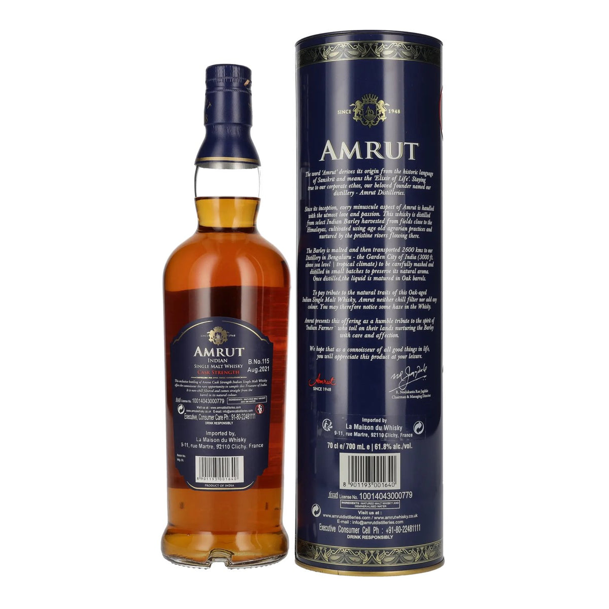 Whisky single malt indien Amrut CASK STRENGTH 61,8 % vol., 0,7 l, dans une boîte en fer-blanc