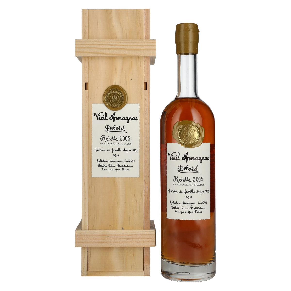 Oude Armagnac Delord Vintage Récolte 2005 40% vol. 0,7 l in houten kist