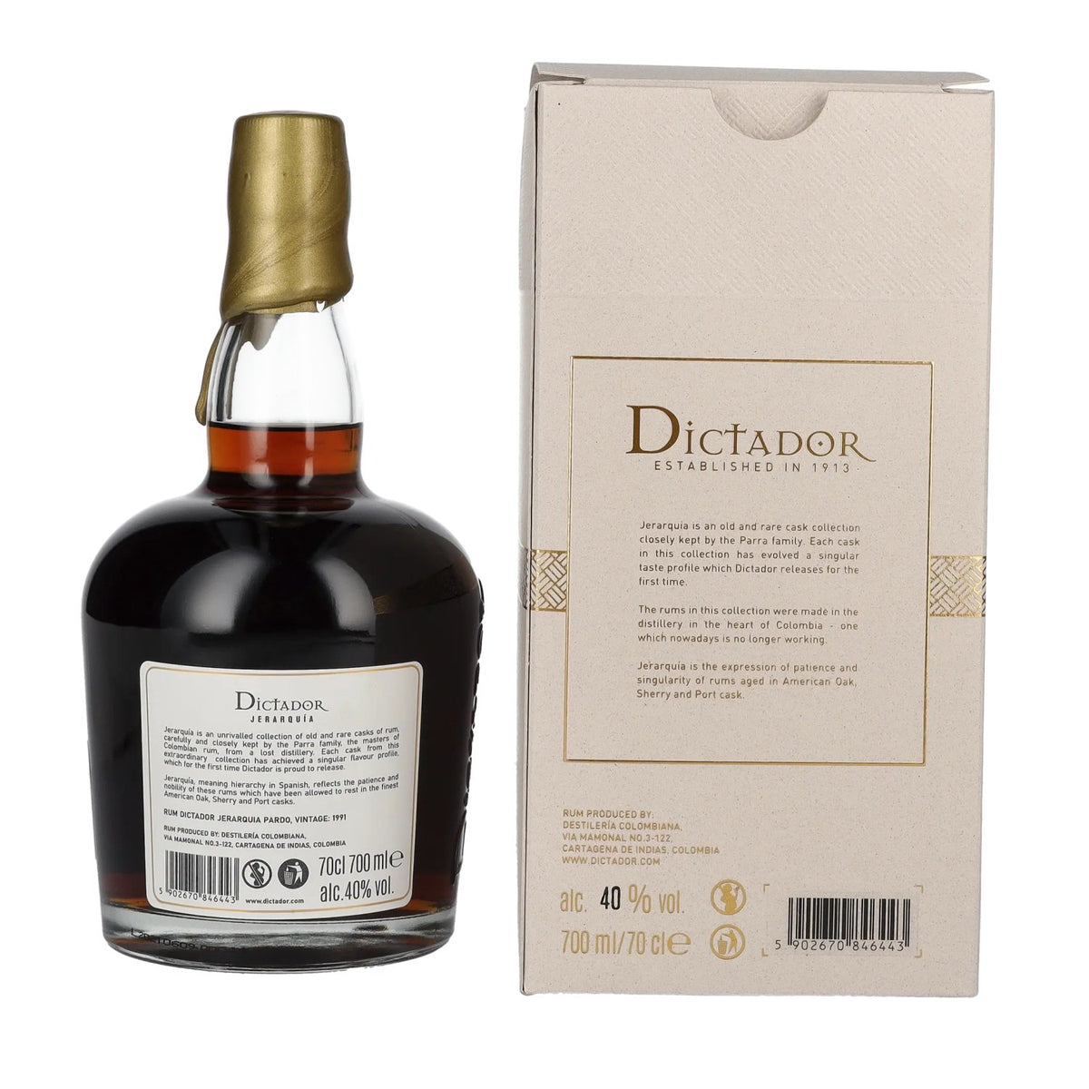 Rhum Dictador JERARQUÍA 29 ans d'âge PARDO 1991, 40 % vol., 0,7 l, dans un coffret cadeau