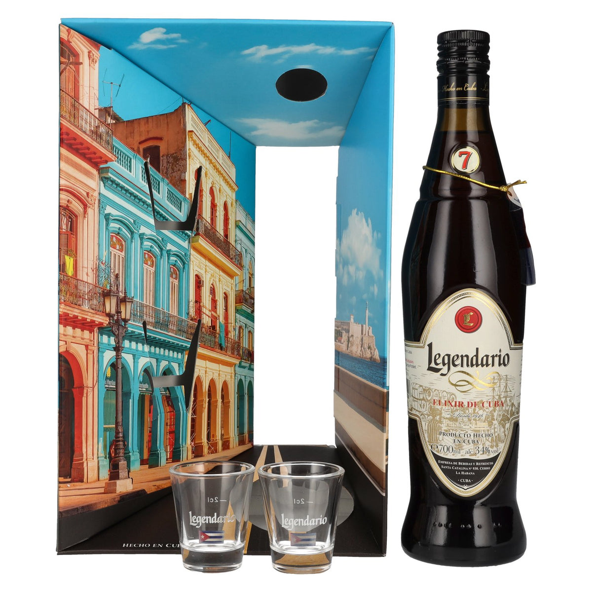 Legendario Elixir de Cuba 34 % vol., 0,7 l, dans un coffret cadeau avec 2 verres