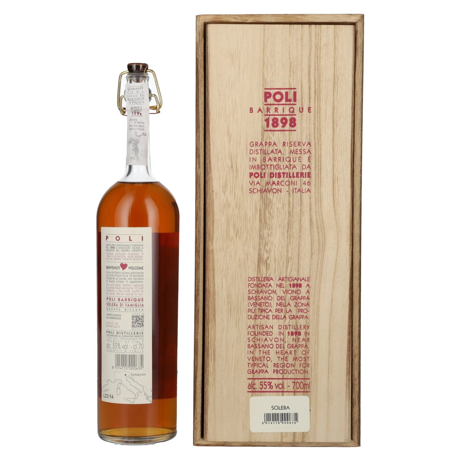 Poli Grappa Barrique 1898 Solera di Famiglia 55% Vol. 0,7l in houten doos