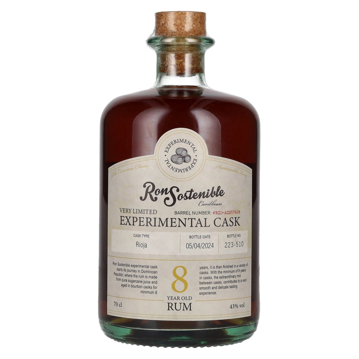Ron Sostenible 8 ans d'âge, vieillissement expérimental en fût de Rioja, 43 % vol., 0,7 l