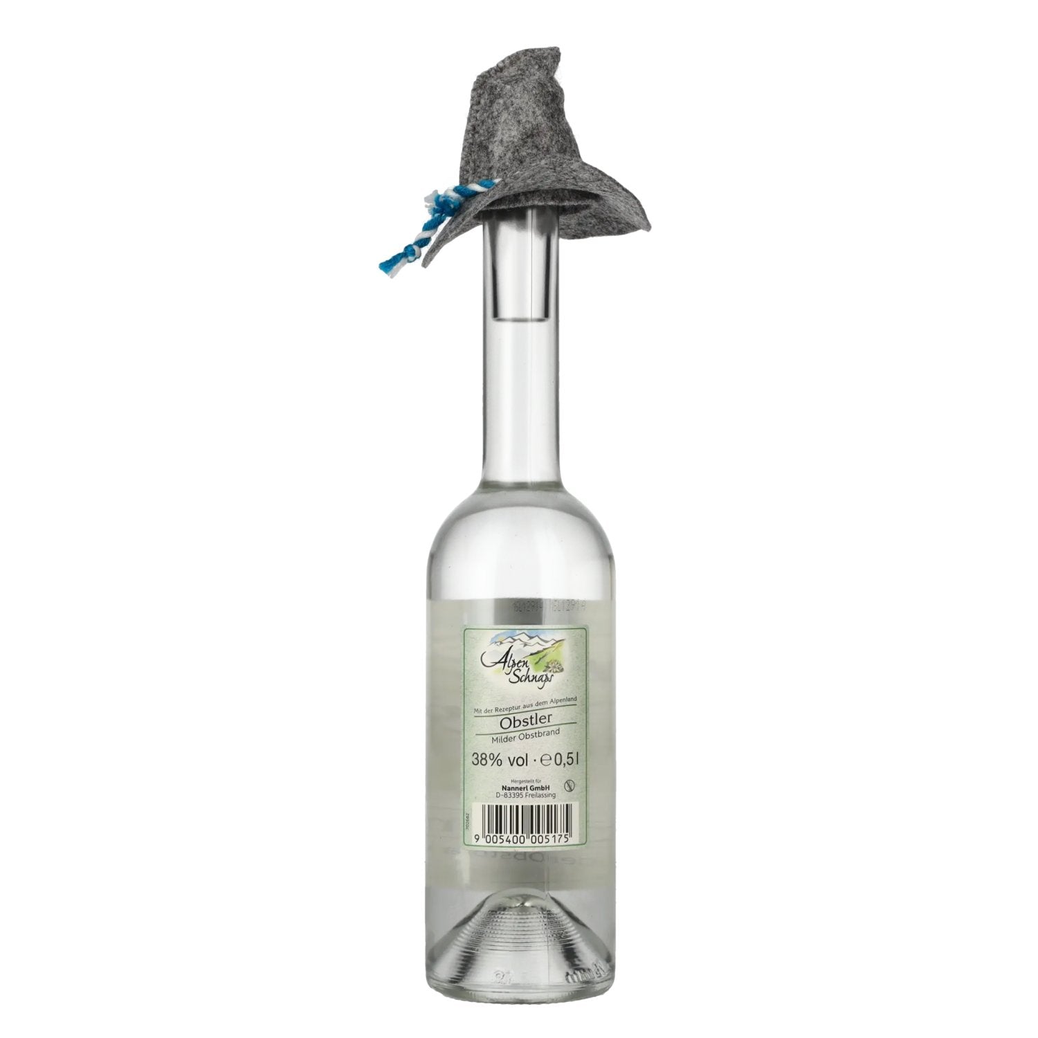 Nannerl Alpenschnaps OBSTLER 38% vol. 0,5l avec chapeau en feutre